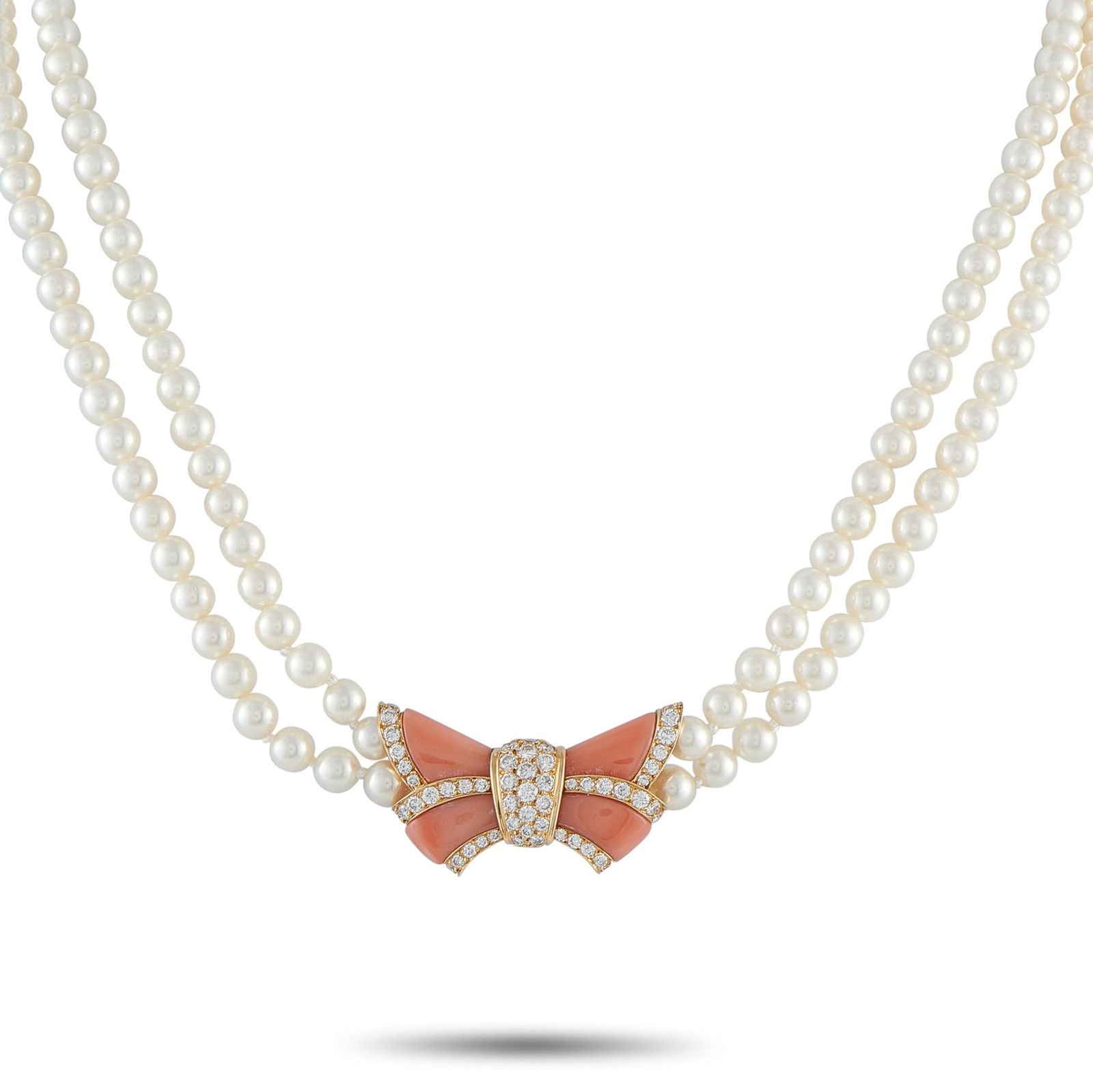 Van Cleef & Arpels 1.74ctw Diamond, 18K, Coral, Pearl Necklace: Van Cleef & Arpels Vintage 1.74ctw VS/F-G Diamond, 18K Yellow Gold, Coral and Pearl 16" Bow Necklace - Exceptionally chic and unmistakably refined, this vintage necklace by Van Cleef & Arpels showcase