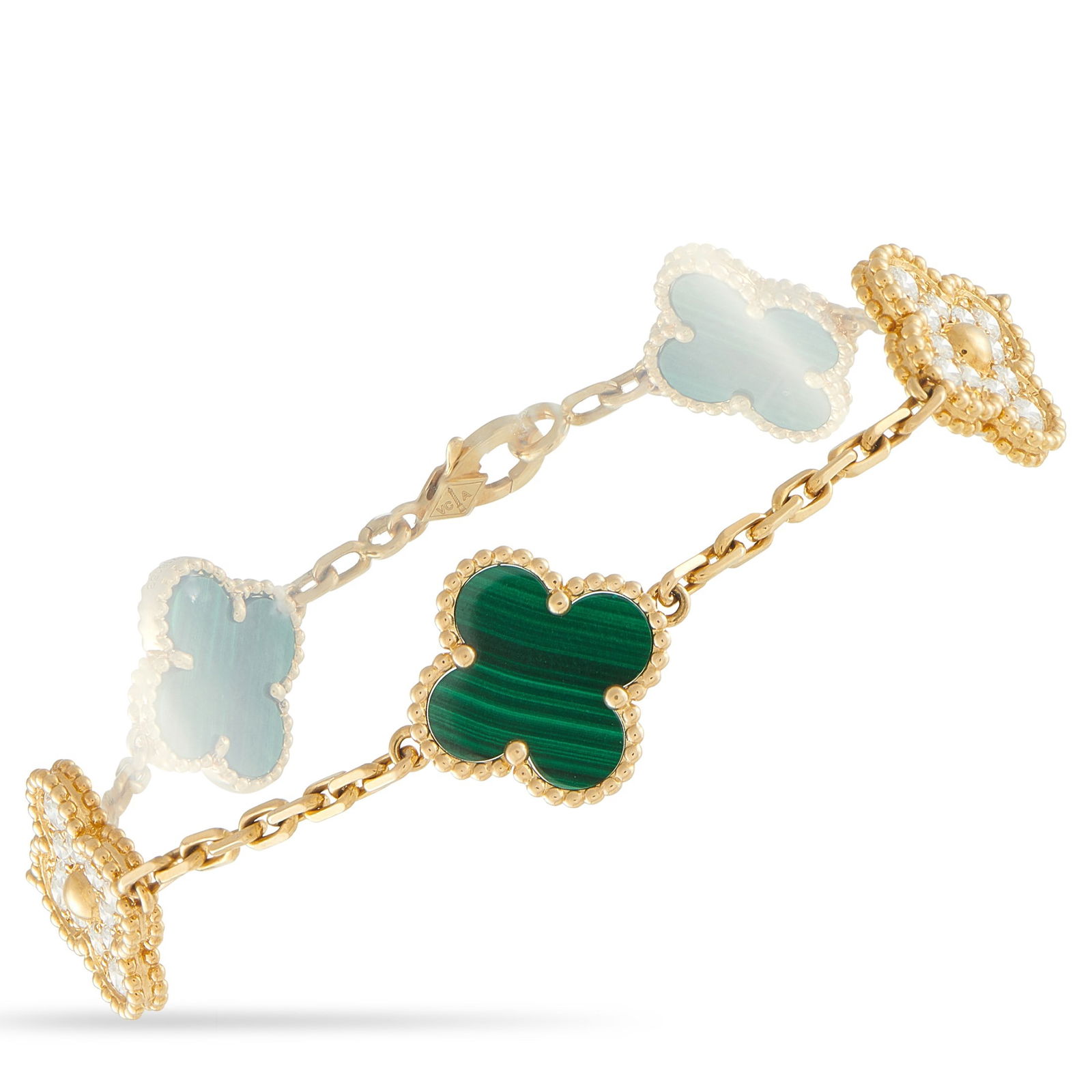 Van Cleef & Arpels 18K, Diamond and Malachite Bracelet: Van Cleef & Arpels Vintage Alhambra 18K Yellow Gold, 0.96ctw Diamond and Malachite 7.5" 5-Motif Bracelet W/Box and Papers - Rich in color and texture, this Alhambra bracelet by Van Cleef & Arpels pres