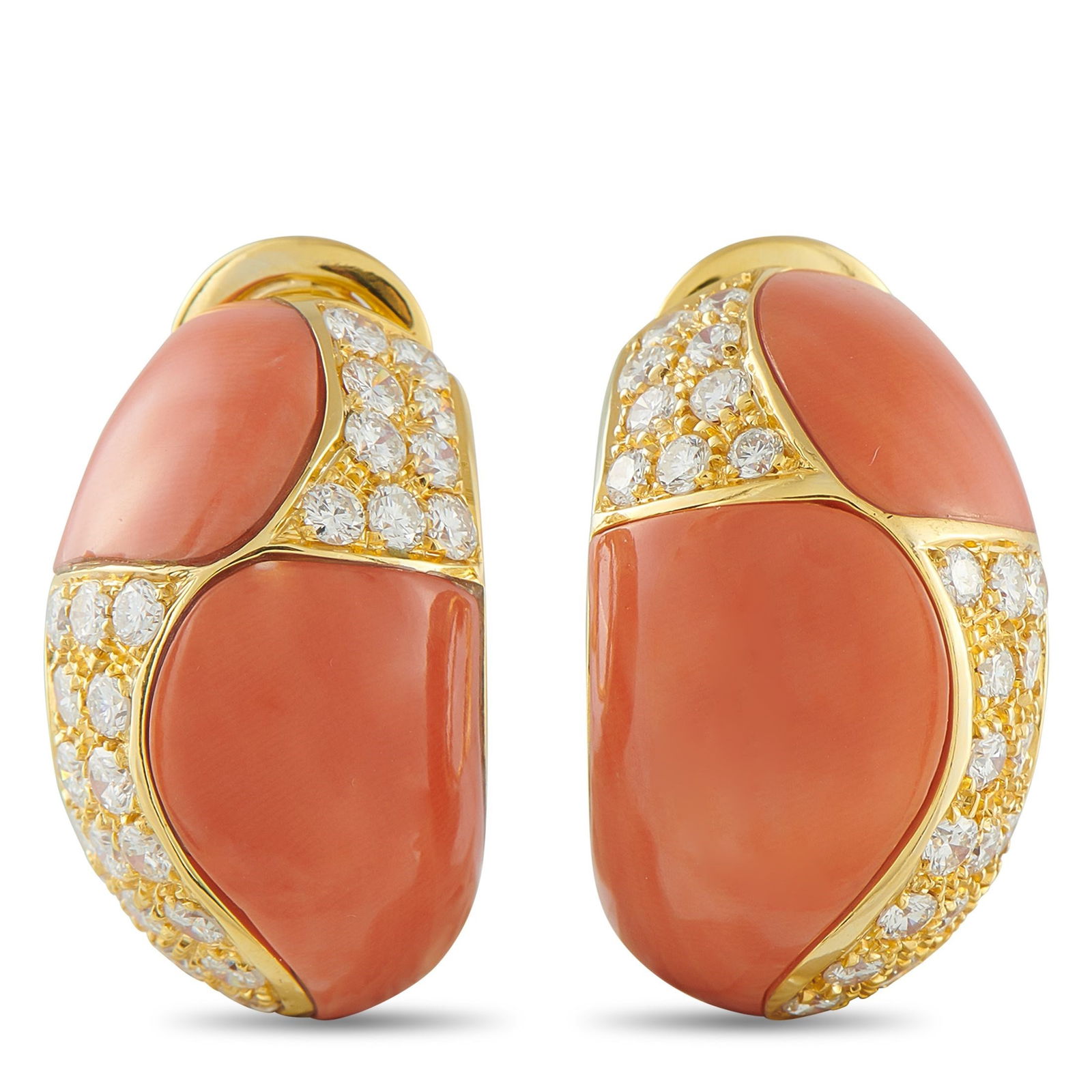 Van Cleef & Arpels 3.25ctw Diamond, Coral, 18K Ear Clips: Van Cleef & Arpels 3.25ctw Diamond, Coral and 18K Yellow Gold Ear Clips - Bold color, rich texture, and graceful curves define these elegant Van Cleef & Arpels ear clips. Crafted in 18K yellow gold, w
