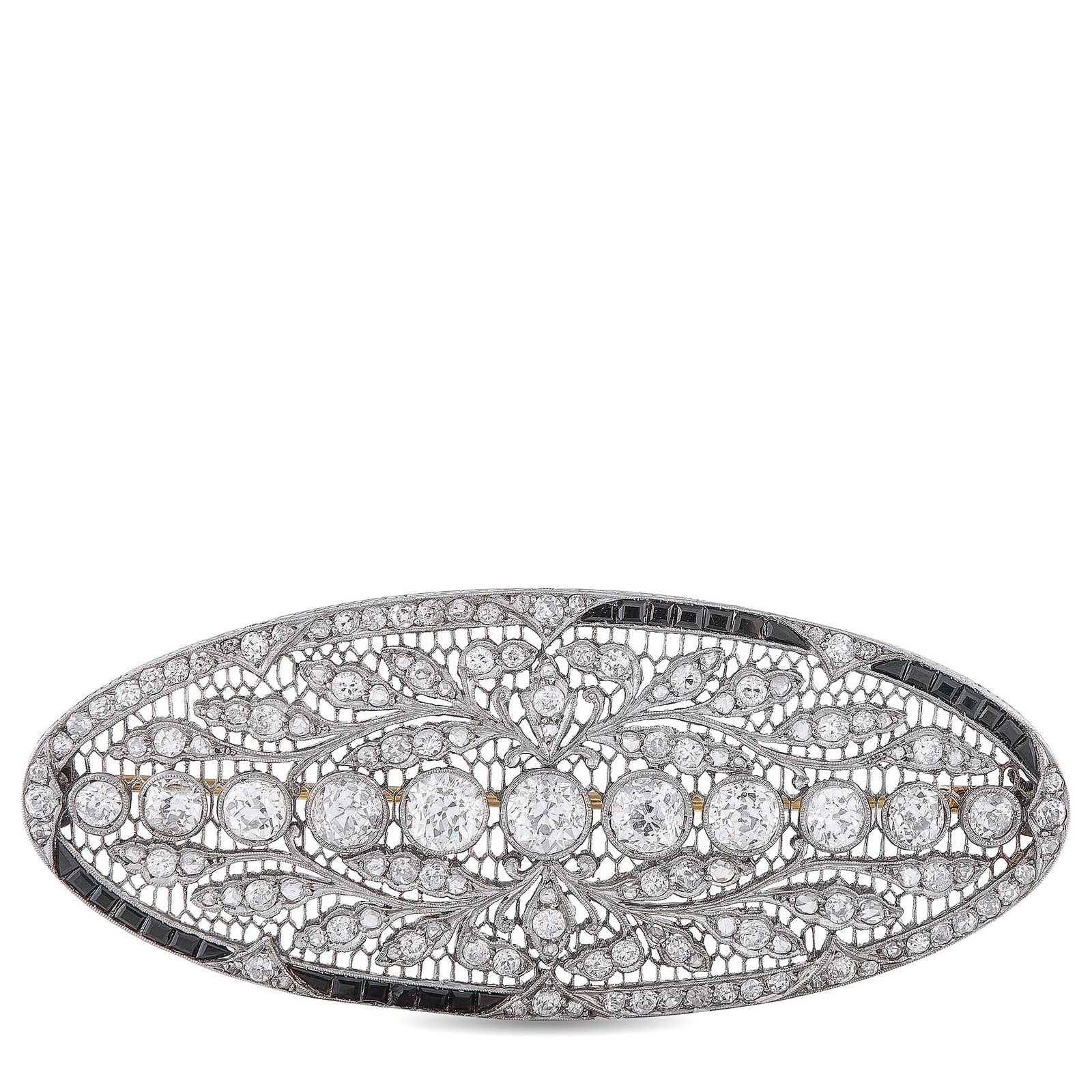 7.85ctw Diamond and Platinum Brooch W/Sapphire Accents: 7.85ctw Diamond and Platinum Brooch W/Blue Sapphire Accents - Rich in old-world elegance, this intricately crafted platinum brooch is designed for those who appreciate bold, opulent accessories. The f