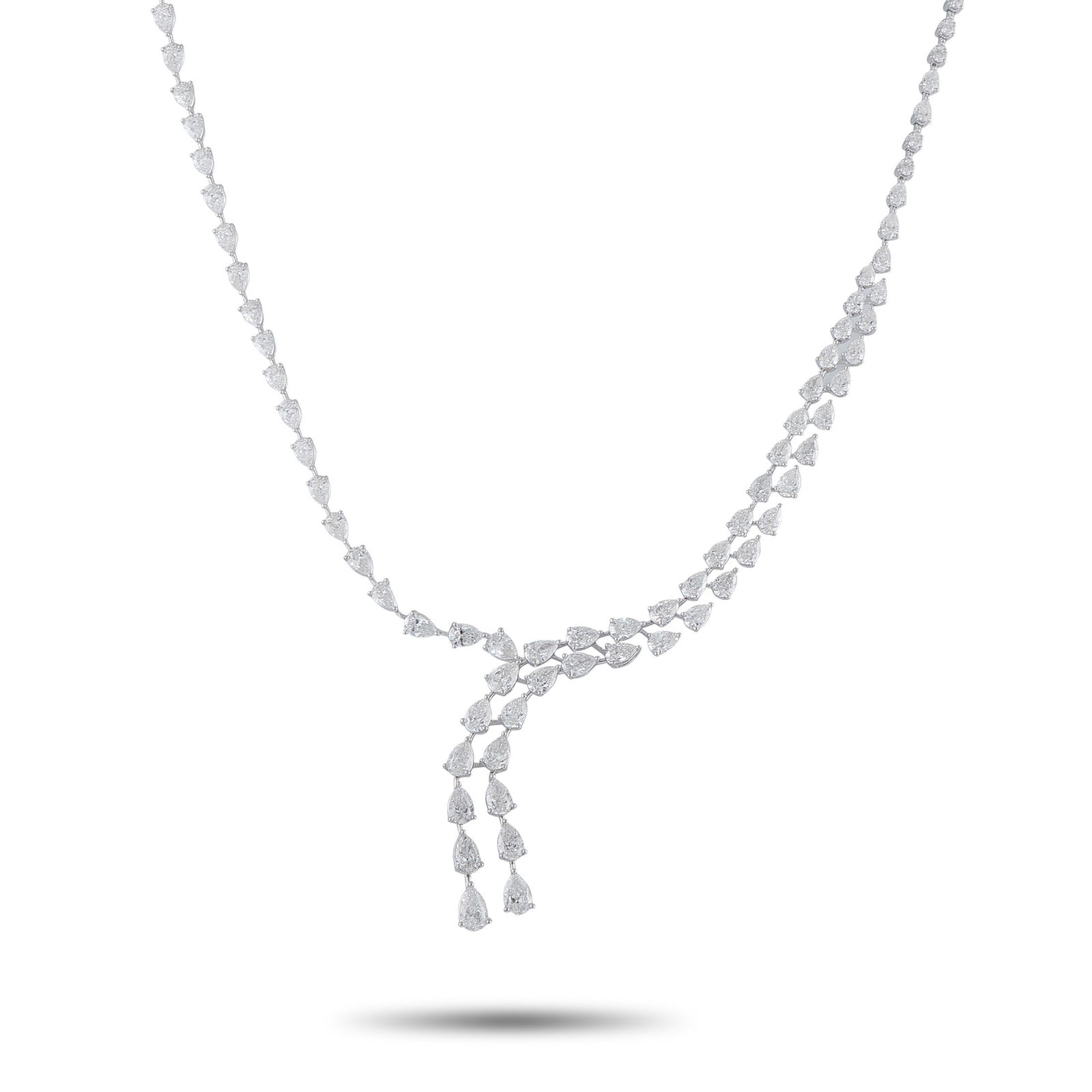 13.50ctw Diamond and 18K White Gold 15" Necklace: 13.50ctw Diamond and 18K White Gold 15" Necklace - Delicate yet captivating, this elegant necklace draws the eye with a graceful display of pear-shaped diamonds totaling approximately 13.50 carats.