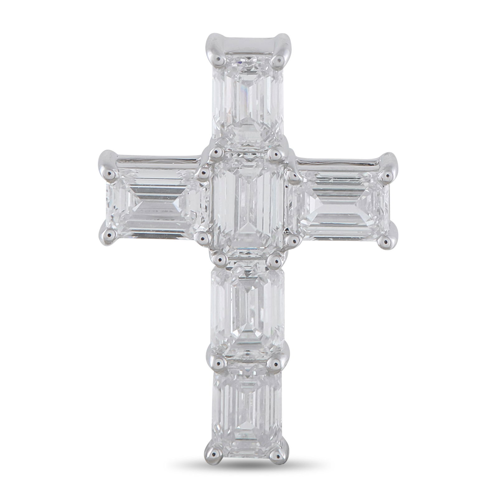 4.25ctw Diamond and 18K White Gold 1" Cross Pendant: 4.25ctw Diamond and 18K White Gold 1" Cross Pendant - Emerald-cut diamonds totaling approximately 4.25 carats give this refined cross pendant exceptional brilliance, allowing it to catch the light