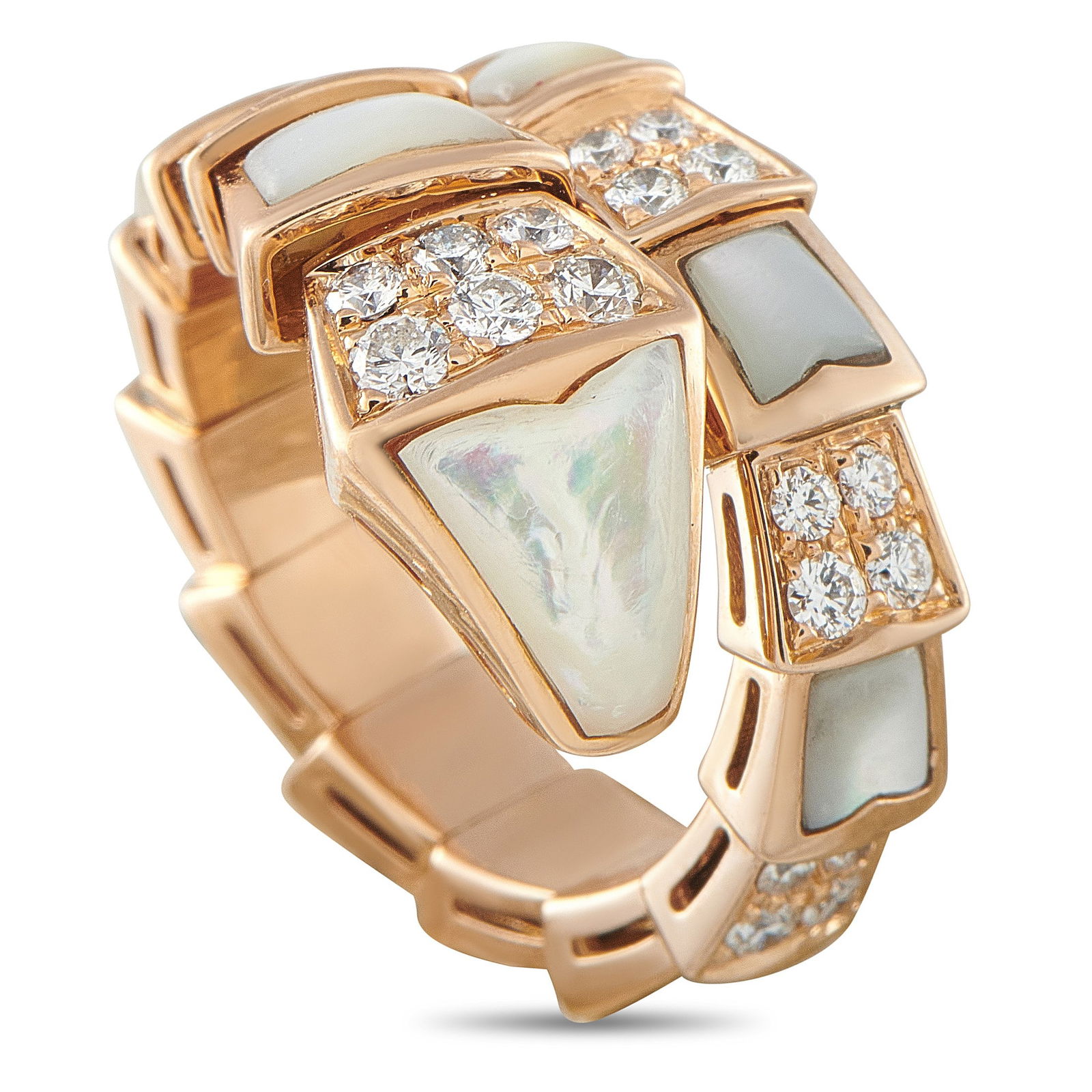 Bvlgari Serpenti Viper 18K, Diamond and MOP Ring: Bvlgari Serpenti Viper 18K Rose Gold, 0.80ctw Diamond and Mother-of-Pearl Coil Ring - A striking union of sophistication and seduction, this one-coil Serpenti Viper ring exemplifies Bvlgari's iconic