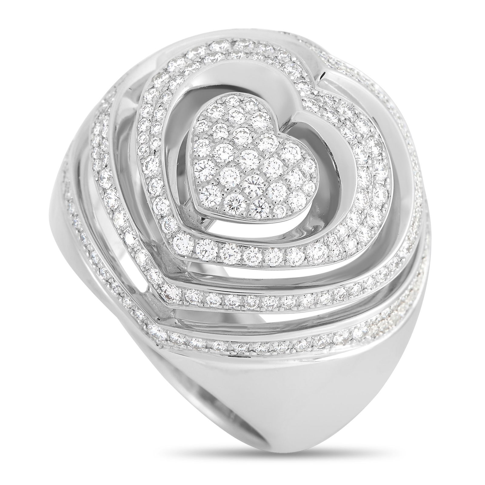 Chopard 1.17ctw IF-VVS/F-G Diamond and 18K Ring: Chopard 1.17ctw IF-VVS/F-G Diamond and 18K White Gold Ring W/Box and Papers - A truly unique design, this Chopard ring features negative space and a heart-shaped motif, making it a standout piece in