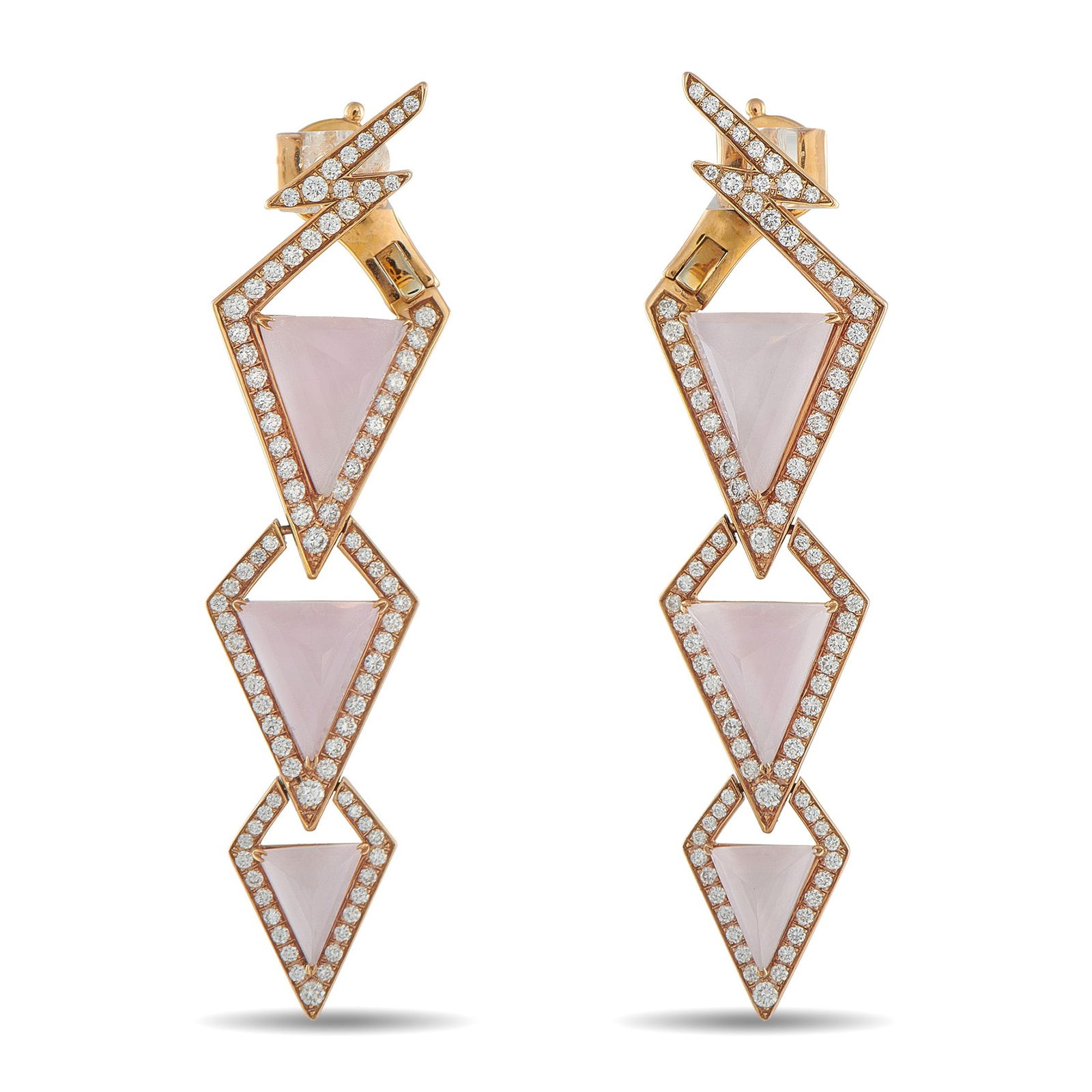 Stephen Webster 1.68ctw Diamond, 18K, Quartz Earrings: Stephen Webster Lady Stardust 1.68ctw Diamond, 18K Yellow Gold and Rose Quartz 2.25" Earrings - Celebrating bold creativity and iconic design, these Lady Stardust earrings by Stephen Webster pay
