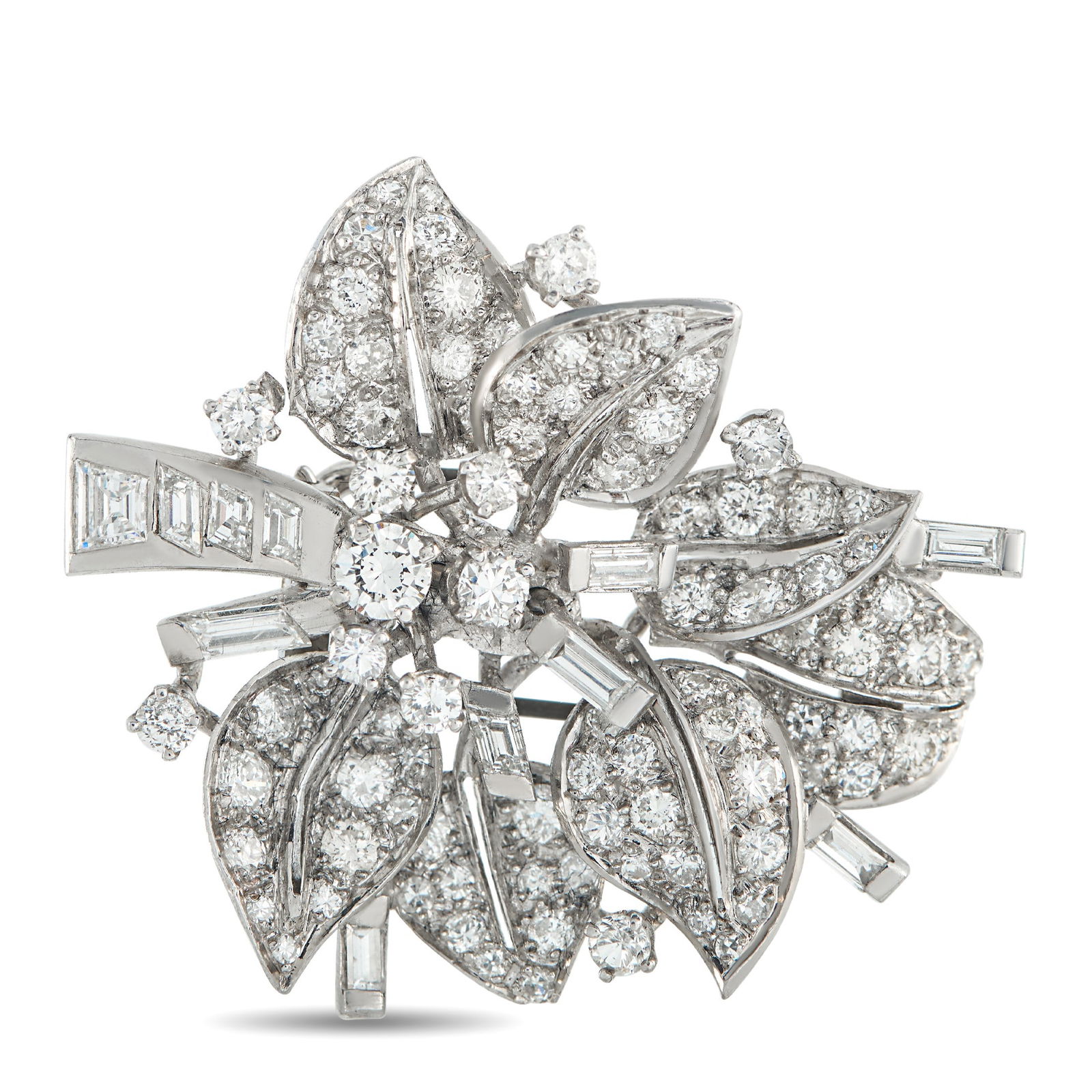 Seaman Schepps 4.50ctw Diamond and Platinum Brooch: Seaman Schepps 4.50ctw VS/F-G Diamond and Platinum 1.75" Brooch - Rich in intricate detail, this elegant brooch by Seaman Schepps showcases refined craftsmanship and timeless appeal. Sparkling diamond