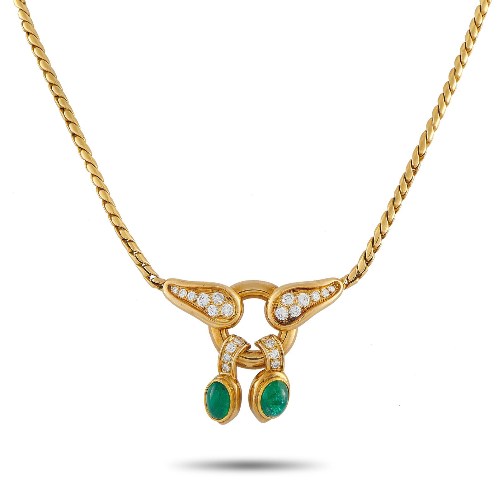 Rene Boivin 3.80ctw Emerald and Diamond 18K Necklace: Rene Boivin 2.80ctw Emerald, 1.00ctw Diamond and 18K Yellow Gold Necklace - A modern, sculptural composition gives this necklace by Rene Boivin the presence of a true wearable work of art. The impecca