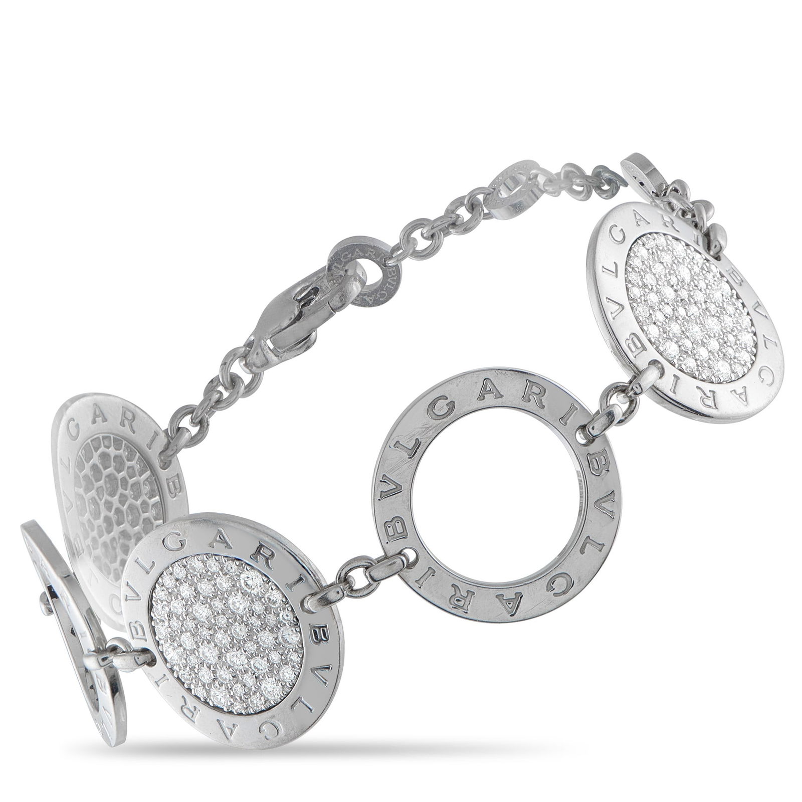 Bvlgari 1.80ctw VS/E-F Diamond and 18K Bracelet: Bvlgari 1.80ctw VS/E-F Diamond and 18K White Gold 7.75" Bracelet - Sleek and sophisticated in design, this elegant bracelet by Bvlgari showcases a series of polished circular motifs crafted in luminou