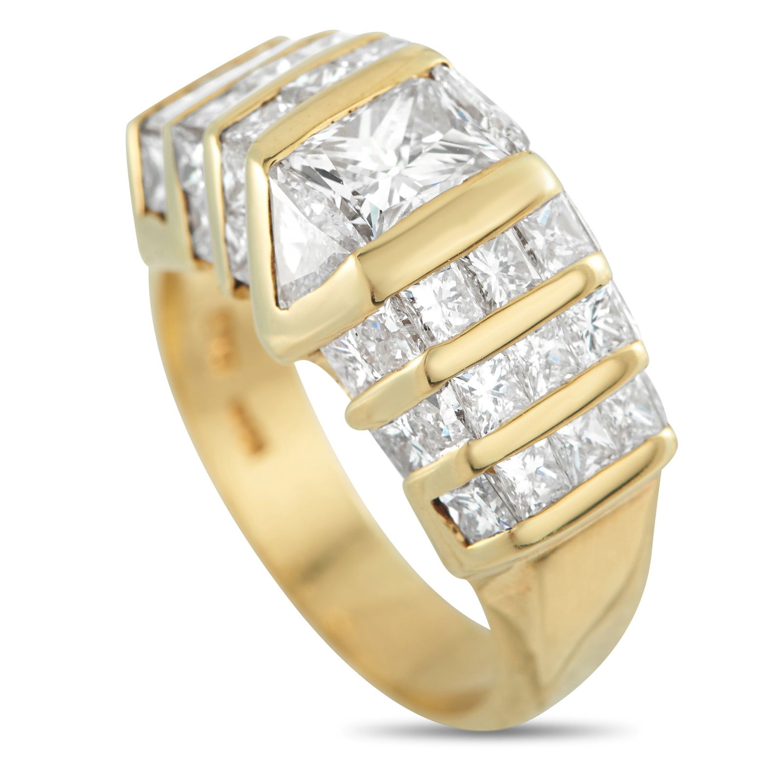 4.34ctw Diamond and 18K Yellow Gold Ring: 4.34ctw Diamond and 18K Yellow Gold Ring - This radiant luxury ring showcases clean architectural lines and a classic sense of sophistication. Crafted in solid 18K yellow gold, the ring is highlighted