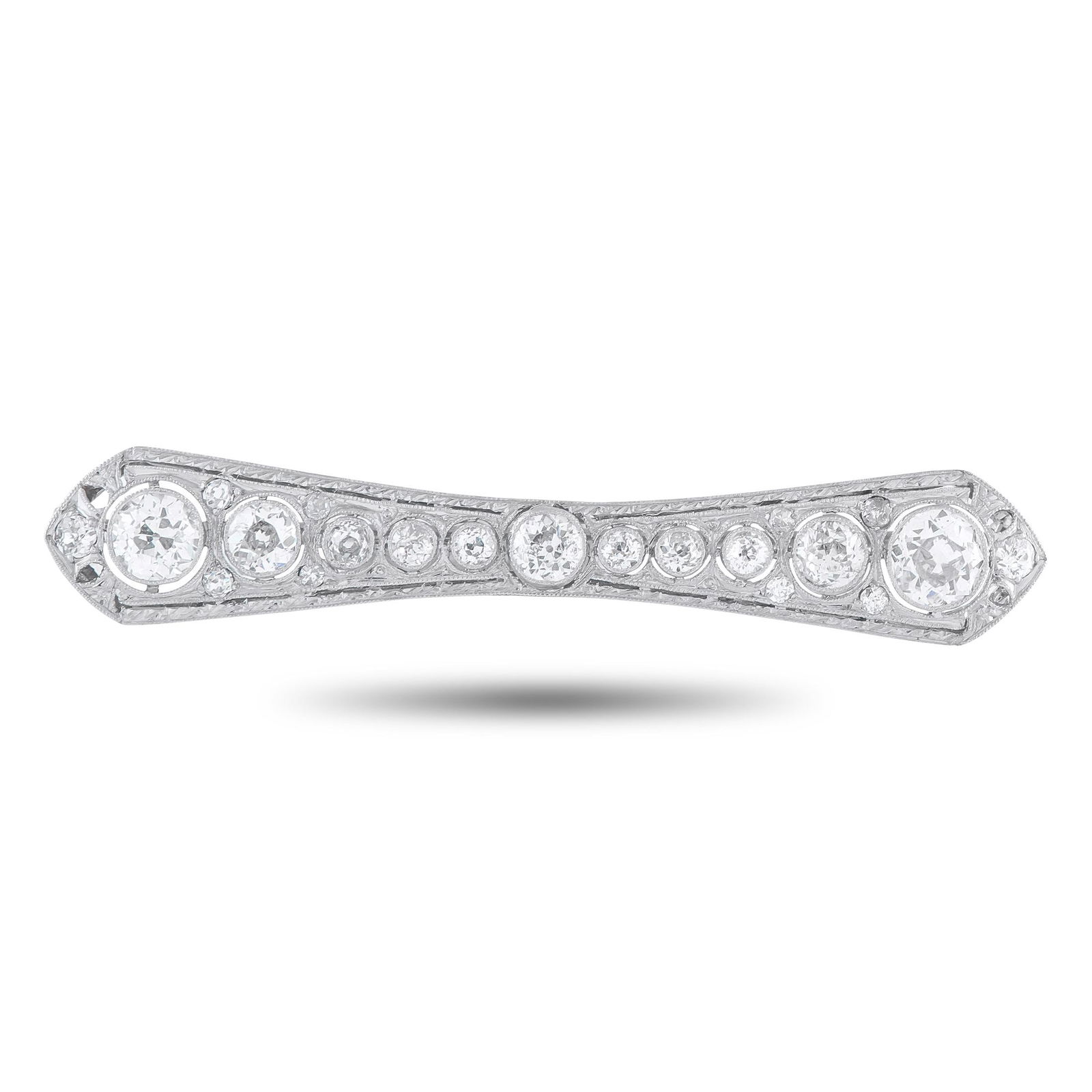 3.50ctw Diamond, Platinum and 14K Art Deco Brooch: 3.50ctw VS2-SI1/G-H Diamond, Platinum and 14K White Gold Art Deco Brooch - Radiating the elegance and sophistication of the Art Deco era, this brooch dazzles with approximately 3.50 carats of round-cu