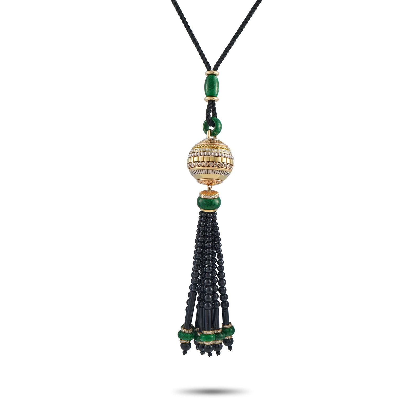 Cicada 2.75ctw Diamond, 18K, Onyx, Jade, Silk Cord Necklace: Cicada 2.75ctw Diamond, 18K Yellow Gold, Onyx, Jade and Black Silk Cord 28" Tassel Pendant Necklace - This striking Cicada necklace is an eye-catching statement piece designed to add instant drama and