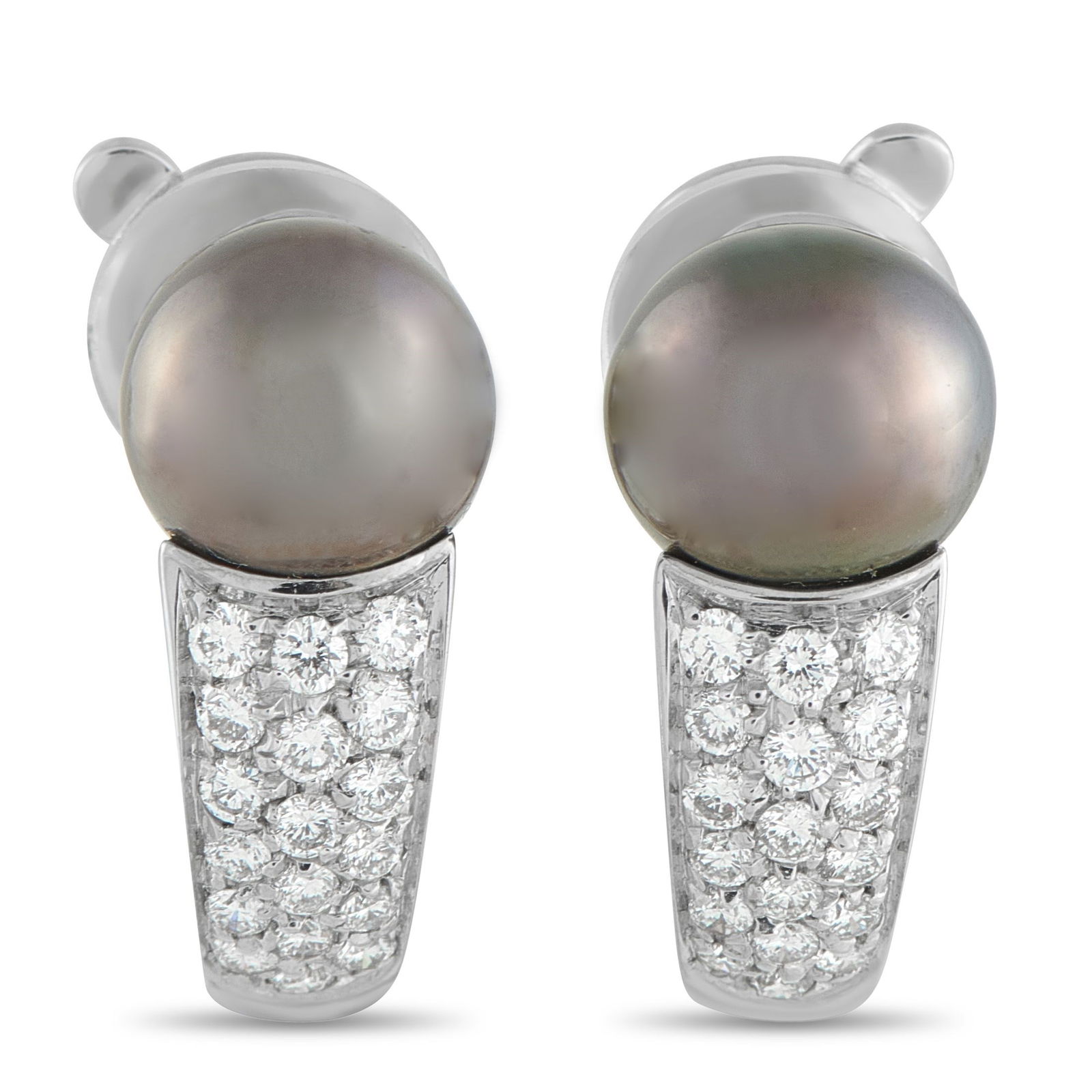 Boucheron 7mm Pearl, 0.35ctw Diamond and 18K Ear Clips: Boucheron 7mm Pearl, 0.35ctw Diamond and 18K White Gold 0.75" Ear Clips - These refined Boucheron ear clips are crafted in elegant 18K white gold and showcase a sophisticated balance of texture, luste