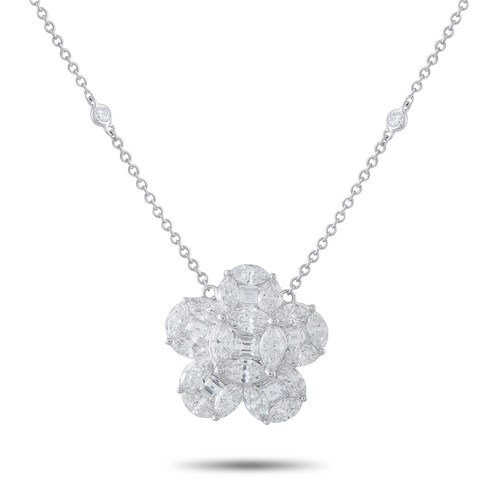 4.75ctw Diamond and 18K White Gold 15" Necklace: 4.75ctw Diamond and 18K White Gold 15" Flower Pendant Necklace - This charming floral pendant necklace is a radiant expression of elegance and sparkle. The flower-shaped pendant is richly set with dia