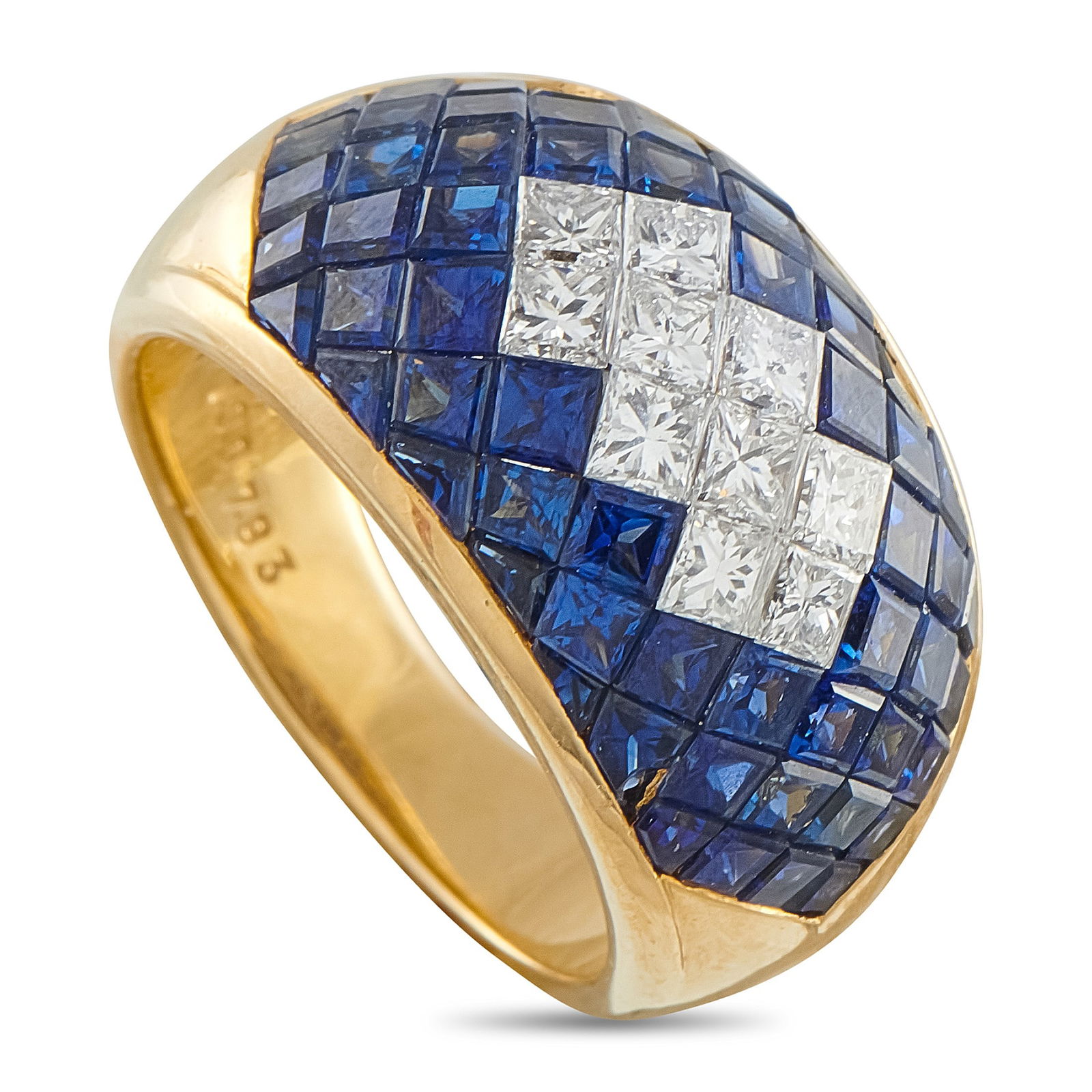 7.90ctw Blue Sapphire, 1.00ctw Diamond and 18K Ring: 7.90ctw Blue Sapphire, 1.00ctw Diamond and 18K Yellow Gold Ring - Bold and unmistakably modern, this striking ring showcases a vivid field of invisible-set blue sapphires totaling approximately 7.90 c
