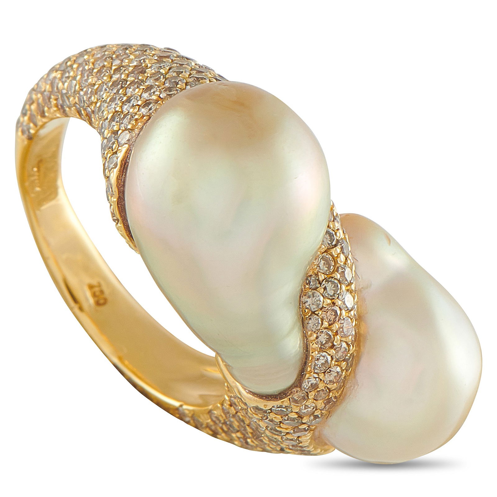 Yvel 2.00ctw Diamond, Baroque Pearl and 18K Ring: Yvel 2.00ctw Diamond, Baroque Pearl and 18K Yellow Gold Ring - Expressive and artfully composed, this striking ring by Yvel showcases the house's signature approach to organic form and modern elegance