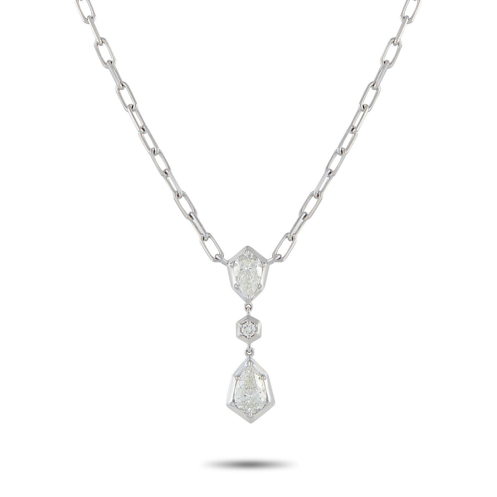 1.30ctw Diamond and 18K White Gold Geometric Necklace: 1.30ctw Diamond and 18K White Gold Geometric Necklace - Striking in its precision, this modern necklace is defined by balance, symmetry, and architectural clarity. The design centers on a sequence of
