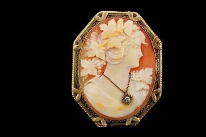 Vintage Carved Cameo and 14K 1.75" Brooch W/Diamond