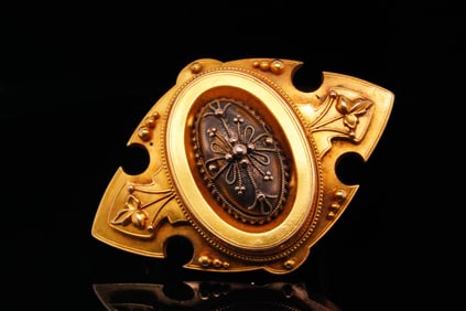 Antique 9K Yellow Gold 2.25" Memorial Brooch