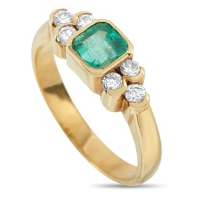 18K Yellow Gold, 0.70ct Emerald and 0.30ctw Diamond Ring