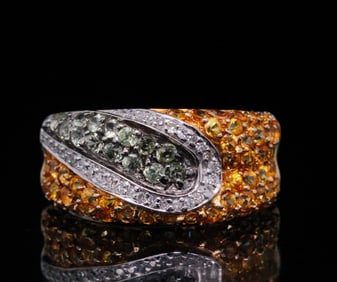 1.50ctw Citrine, Green Garnet, Diamond and 14K Ring