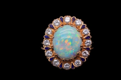 12mm Opal, 0.85ctw Diamond and 14K Ring W/Sapphire Accents