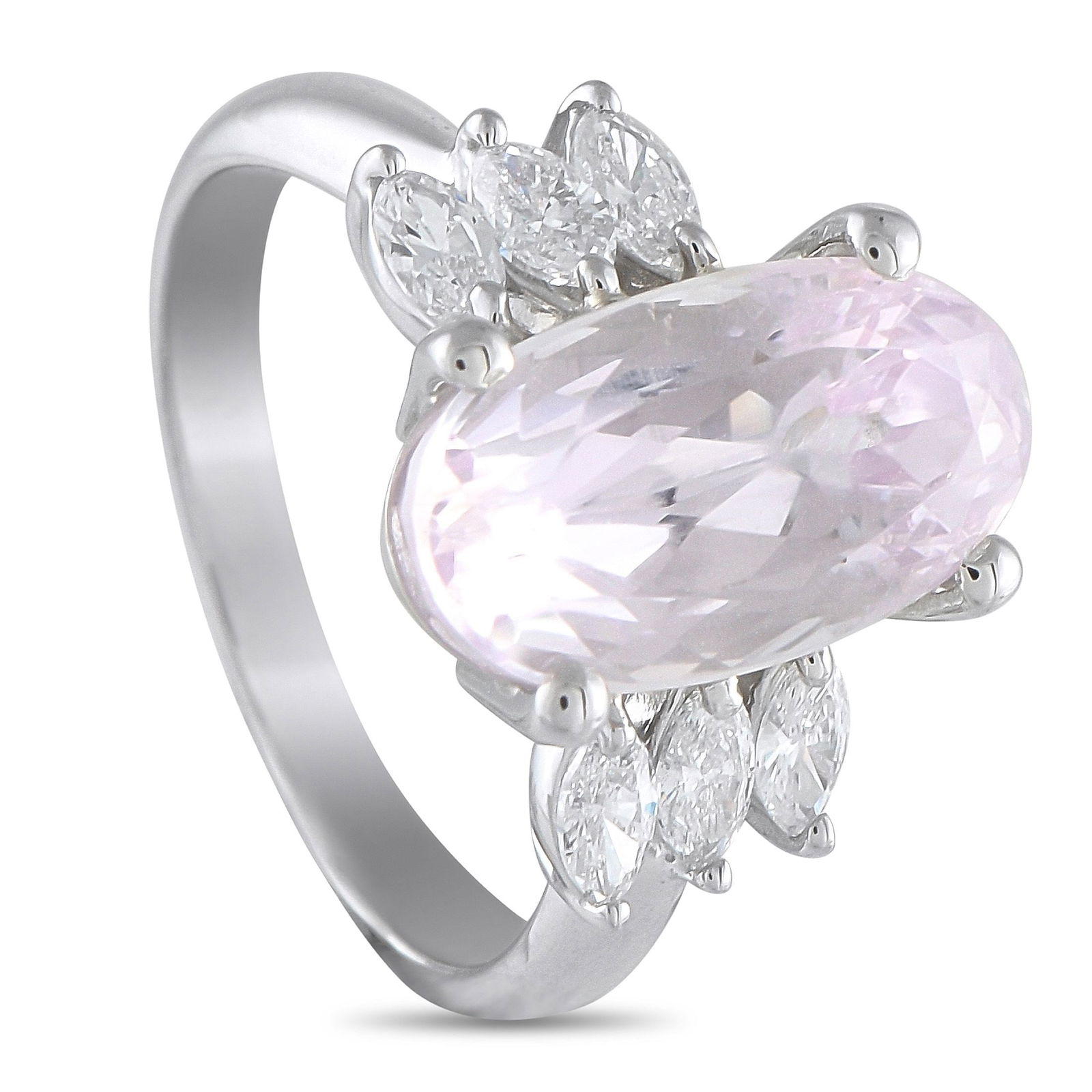6.00ct Kunzite, 0.50ctw Diamond and Platinum Ring: 6.00ct Kunzite, 0.50ctw Diamond and Platinum Ring - Delicate and luminous, this ring showcases a 6.00 carat kunzite in a soft lavender-pink hue, set high to capture the light. Flanking the center