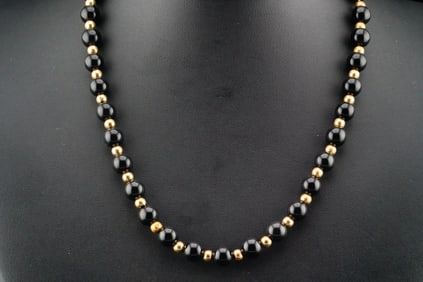 7mm Onyx Bead and 14K Yellow Gold 16" Necklace