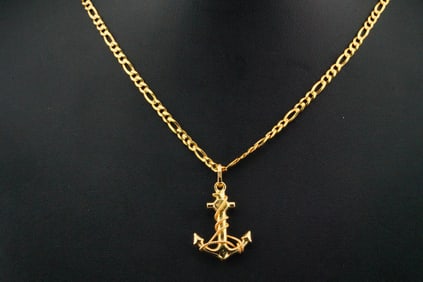 14K Yellow Gold 1.25" Anchor Pendant on 22" Figaro Chain