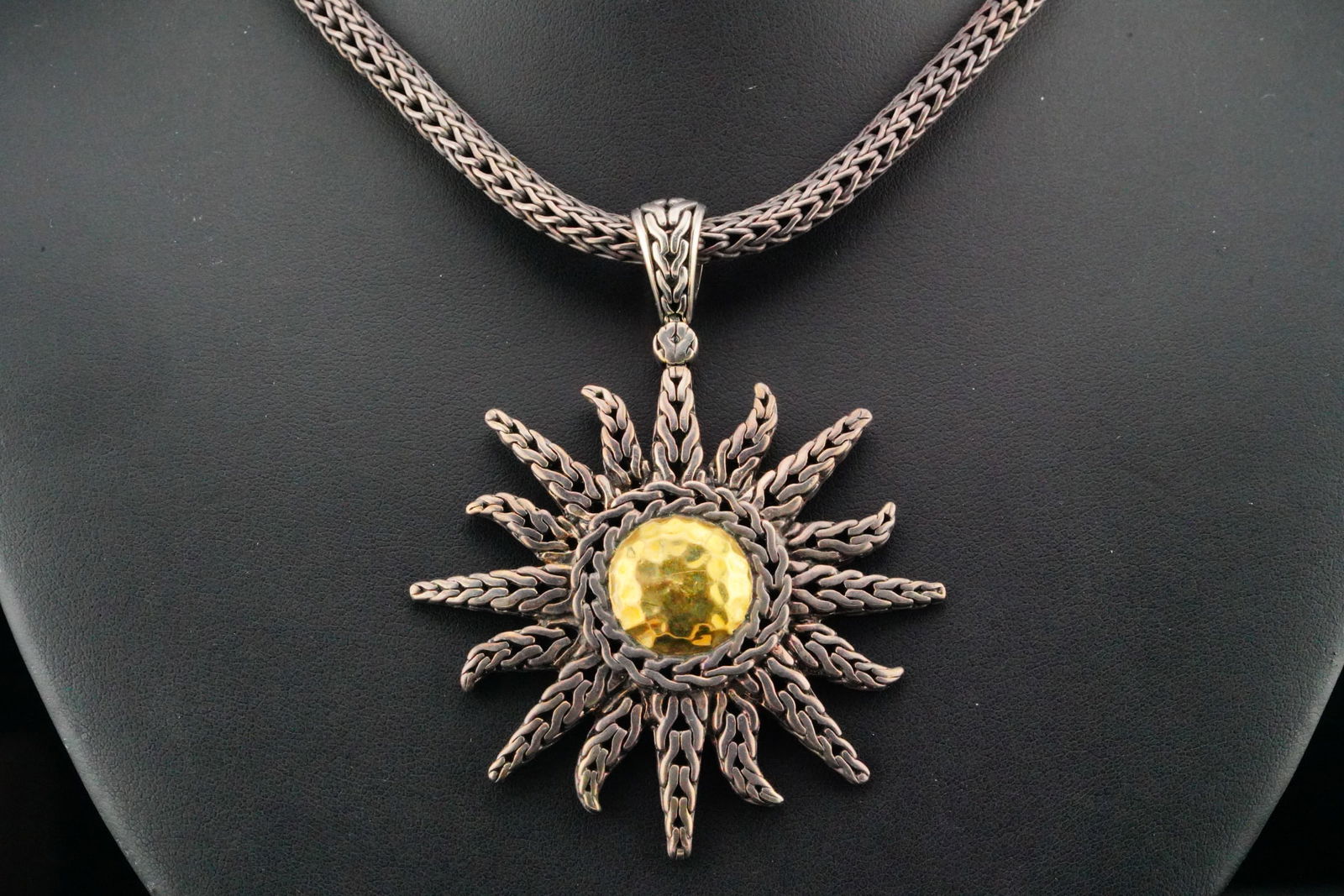 John Hardy Sterling Silver and 22K 16" Necklace: John Hardy Solid Sterling Silver and 22K Yellow Gold 16" Palu Sun Necklace - This striking Palu Sun necklace showcases John Hardy's iconic Balinese-inspired craftsmanship, featuring a dramatic sunburs