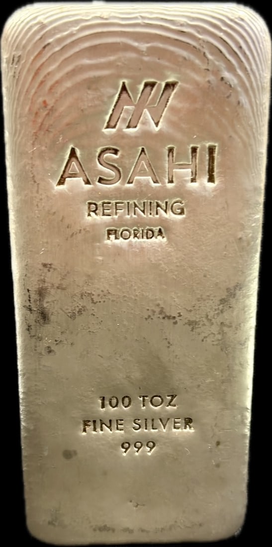 Asahi Refining 100 Troy Ounce .999 Fine Silver Bar: Asahi Refining 100 Troy Ounce .999 Fine Silver Bar - Offered here is a solid Asahi Refining 100 troy ounce silver bar, struck in .999 fine silver and bearing the distinctive ASAHI REFINING FLORIDA hal