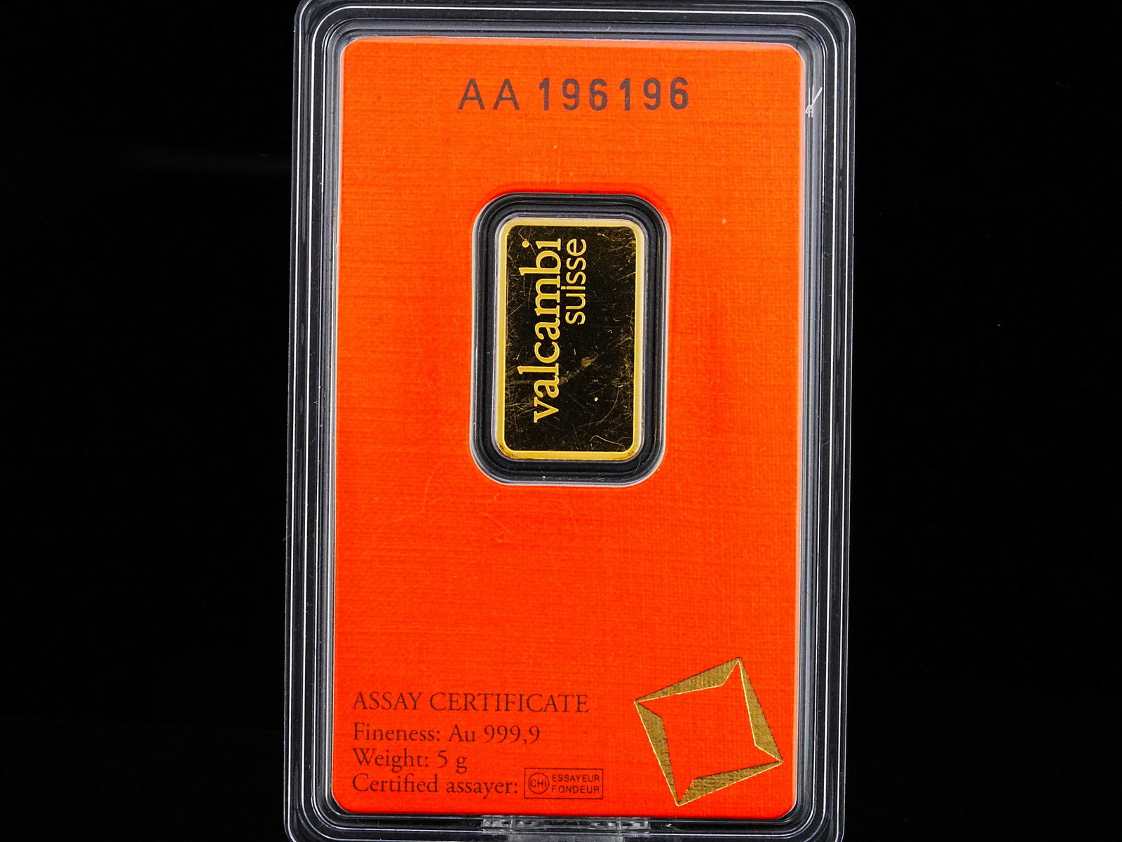 Valcambi Suisse 5 Gram .9999 Fine Gold Bar: Valcambi Suisse 5 Gram .9999 Fine Gold Bar Sealed W/Assay Certificate - Offered is a Valcambi Suisse 5 gram gold bar, struck in .9999 fine (24-karat) gold and sealed with its original assay certificat