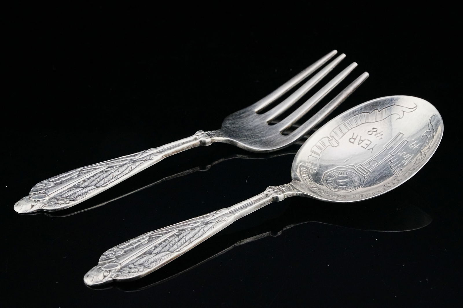 Vintage Sterling Silver Birth Record Spoon and Fork: Vintage Solid Sterling Silver Birth Record Commemorative Spoon and Fork - This charming vintage set of commemorative baby utensils is crafted in solid sterling silver and features a matching spoon and