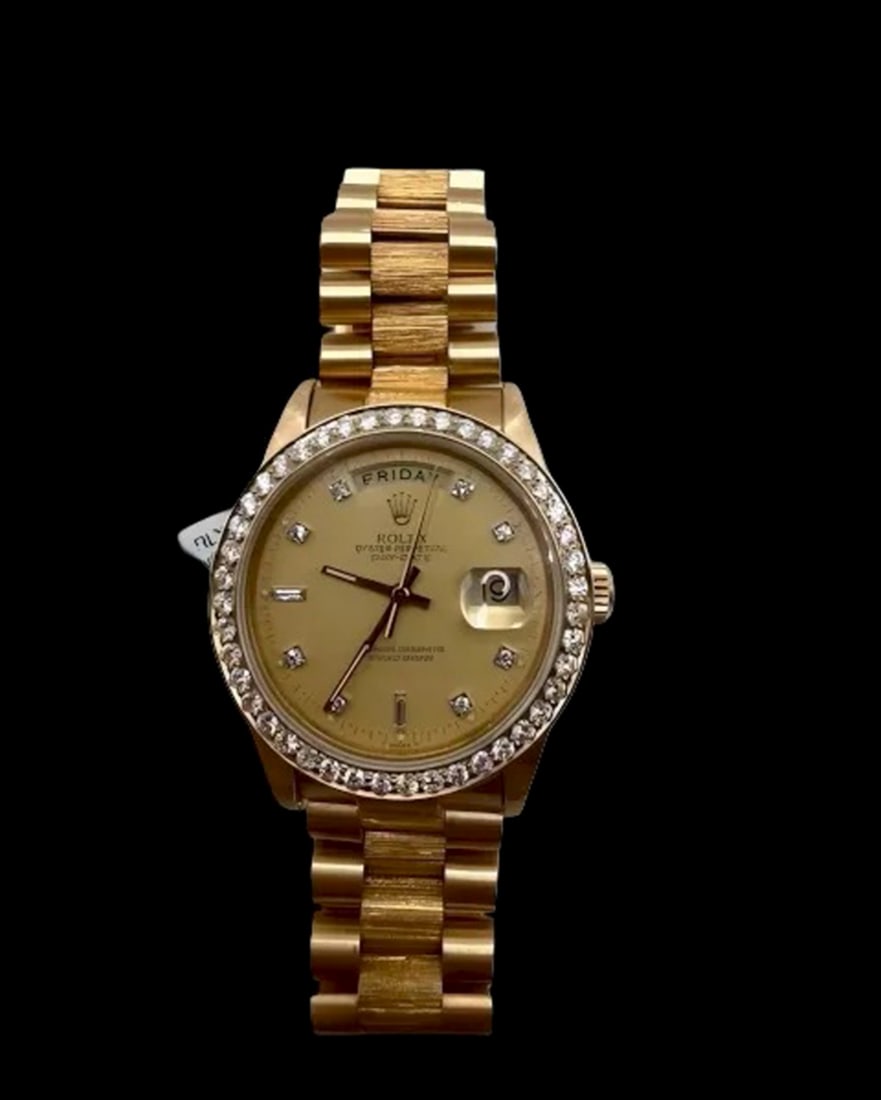 Rolex Day-Date President 36mm 18K Watch Ref. 18078: Rolex Day-Date President 36mm 18K Yellow Gold Watch Ref. 18078 Bark Finish W/Diamond Dial and Bezel - This classic Rolex Day-Date is crafted in solid 18K yellow gold and features the highly collectibl