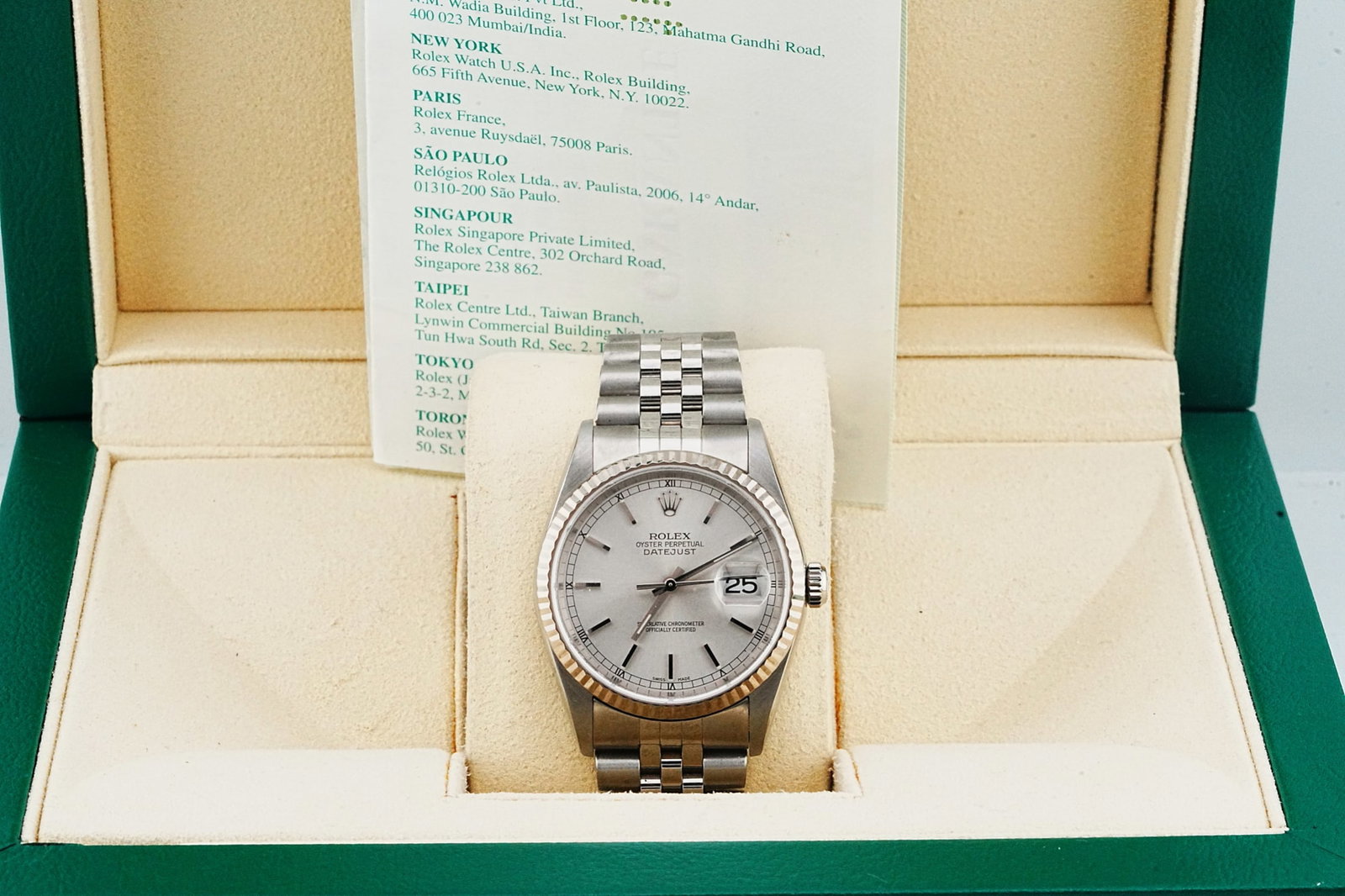 Rolex Datejust 36mm Stainless Steel Watch W/Certificate: Rolex Oyster Perpetual Datejust 36mm Stainless Steel Watch W/Box, Certificate (Ref. 16234) - This vintage, investment quality timepiece was crafted by one of the most prestigious luxury watch makers,