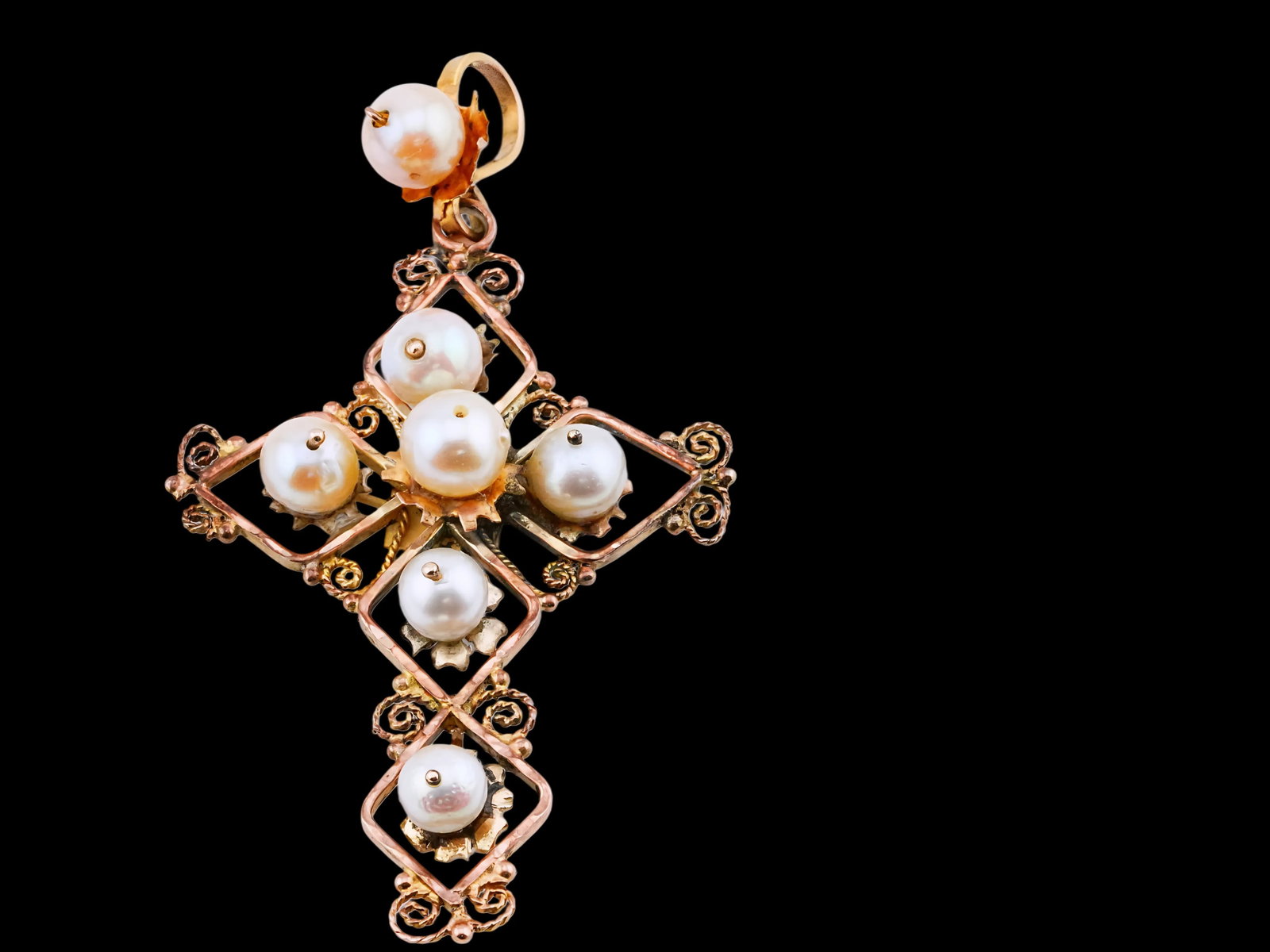 2.7mm-3.4mm Pearl and 14K 2.60" Cross Pendant: 2.7mm-3.4mm Pearl and 14K Yellow/Rose Gold 2.60" Cross Pendant - This exquisite cross pendant is beautifully crafted in 14K yellow and rose gold, displaying delicate openwork geometry accented by