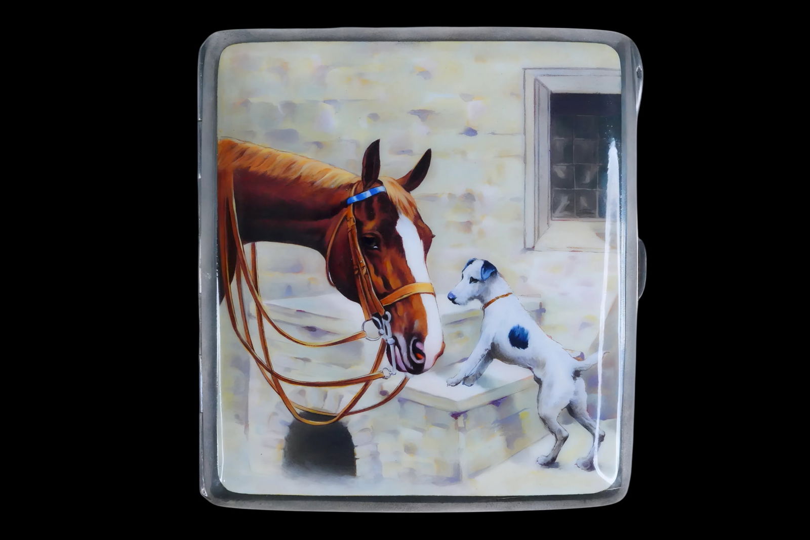 German Antique Enameled 800 Silver Cigarette Case: German Antique Enameled 800 Silver Cigarette Case, Dated 1915 - An elegant early 20th-century German silver cigarette case, the cover decorated with a fine enamel scene of a bridled chestnut horse