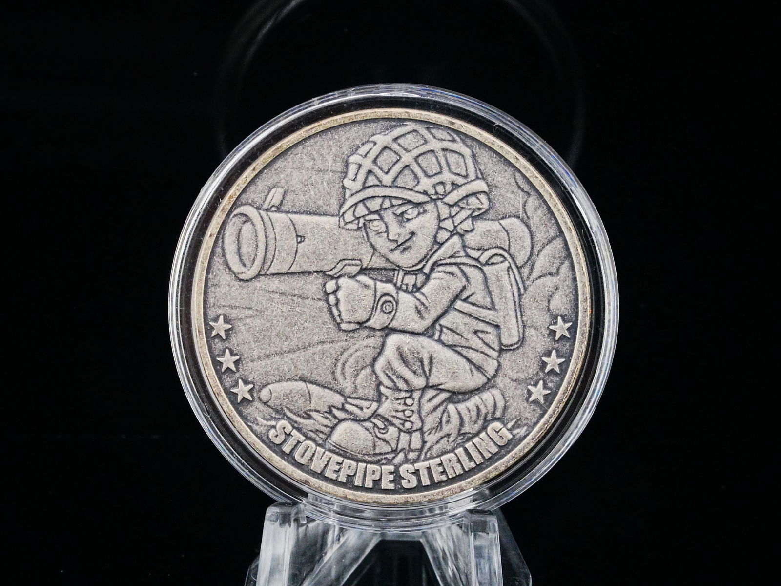1 Troy Ounce .999 Fine Silver Stovepipe Sterling Soldier Bullion Round: 1 Troy Ounce .999 Fine Silver Stovepipe Sterling Soldier Bullion Round - With silver prices surging and investor demand at multi-year highs, this 1 oz .999 fine silver bullion round is a timely and co