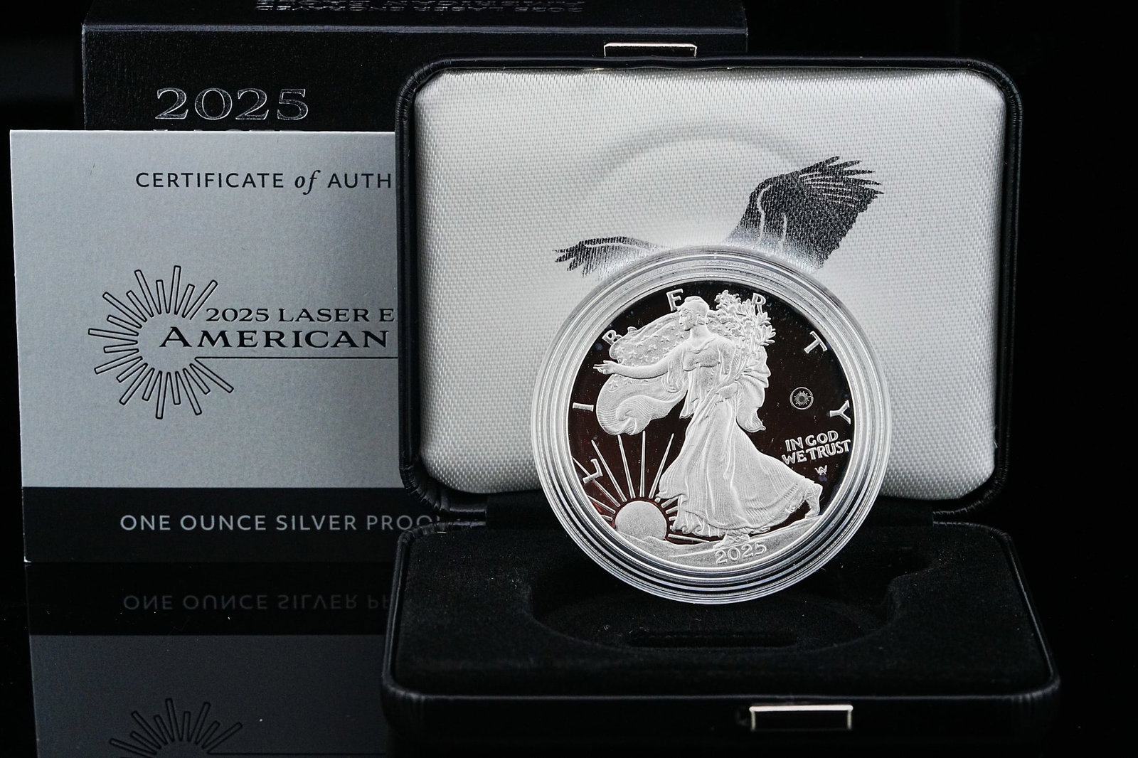 2025-W .999 Fine Silver 1 Ounce Laser Engraved Silver Eagle Proof in Box W/COA: 2025-W .999 Fine Silver 1 Ounce Laser Engraved Silver Eagle Proof in Box W/COA - This highly sought after proof coin is made of solid .999 fine silver, weighs one troy ounce and was minted at the West