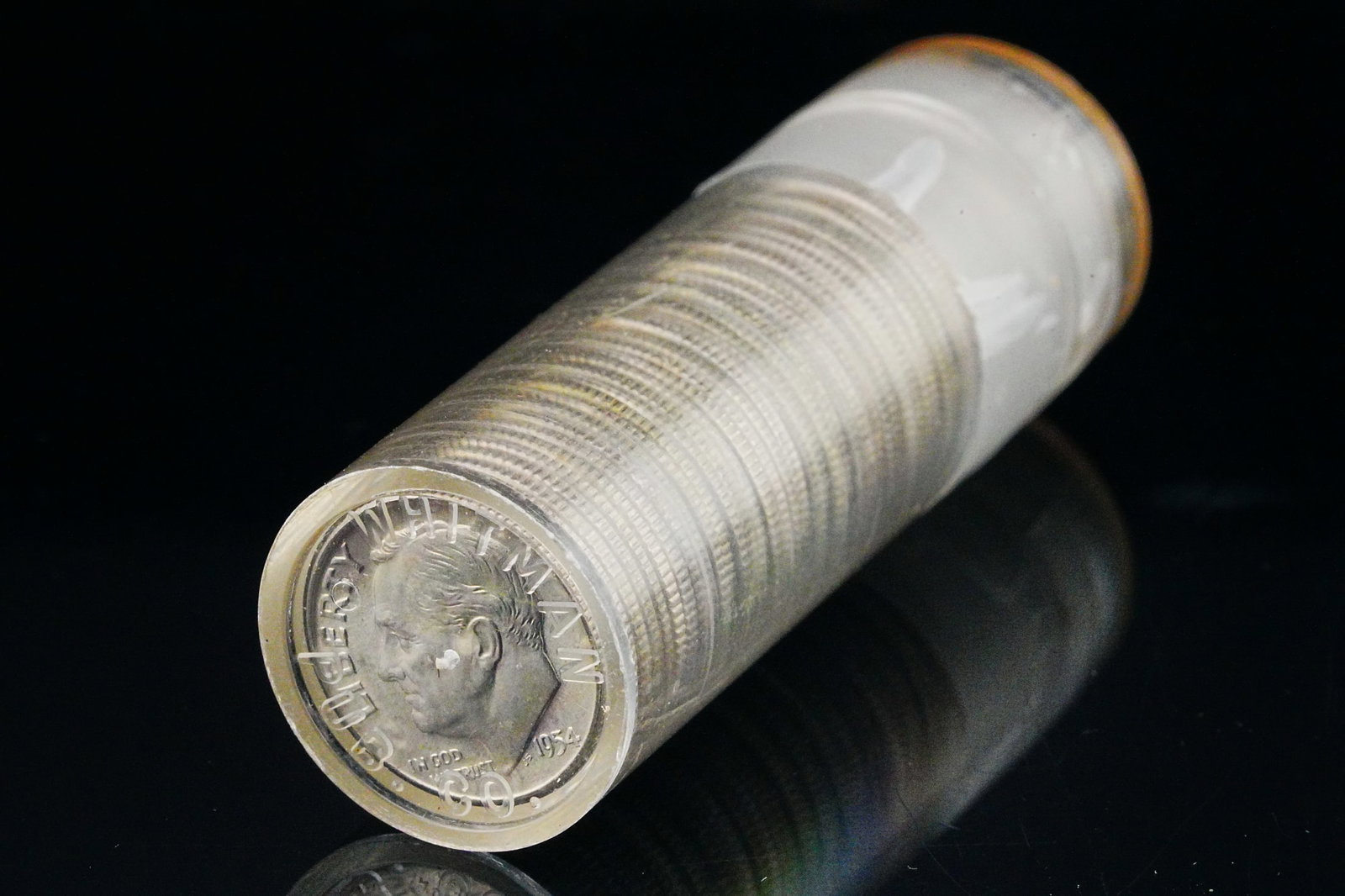 1954-D Sealed Roll of (50) UNC Roosevelt Dimes 90% Silver: 1954-D Sealed Roll of (50) UNC Roosevelt Dimes 90% Silver - These coins are sealed in a hard plastic tube and are brilliant uncirculated solid 90% silver coins. They have not been opened or searched f