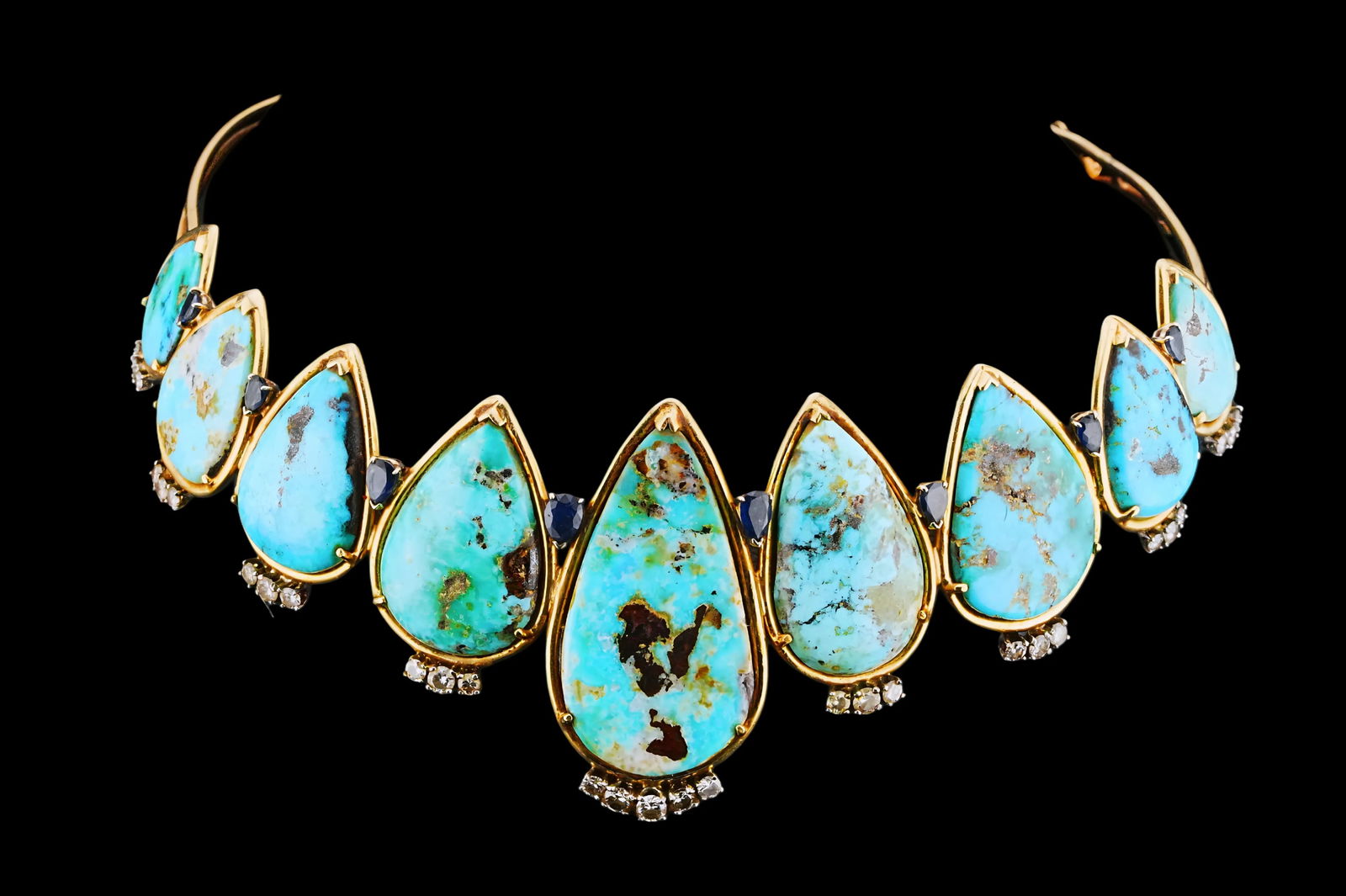 4.25ctw Diamond and Sapphire, Turquoise, 14K Choker: 2.25ctw SI1-SI2/H-J Diamond, 2.00ctw Blue Sapphire, 16mm-35mm Turquoise and 14K Yellow/White Gold Vintage Choker Necklace - An impressive vintage choker necklace featuring a graduated row of large tea
