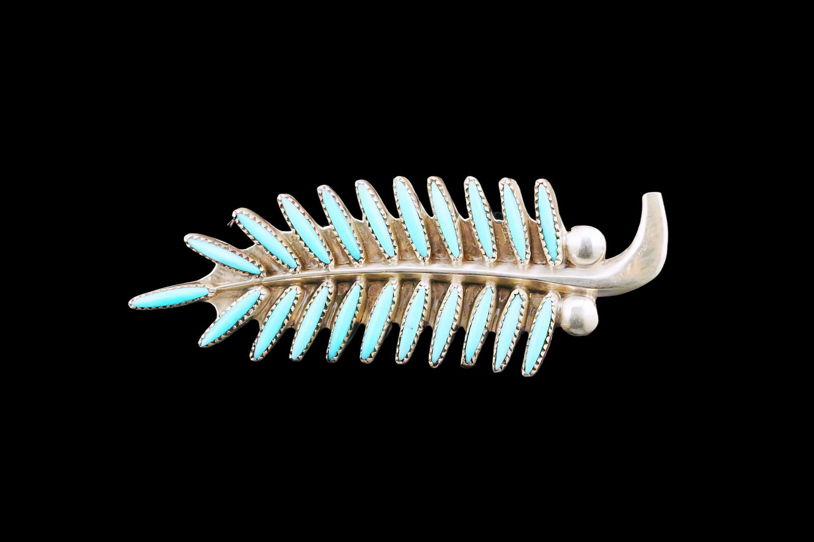 Evans Waatsa Turquoise and Sterling Silver Brooch: Evans Waatsa Zuni Turquoise Needlepoint Inlay and Sterling Silver 1.85" Leaf Brooch - Finely crafted Zuni brooch by Evans Waatsa, featuring intricate turquoise needlepoint inlay arranged in a graceful