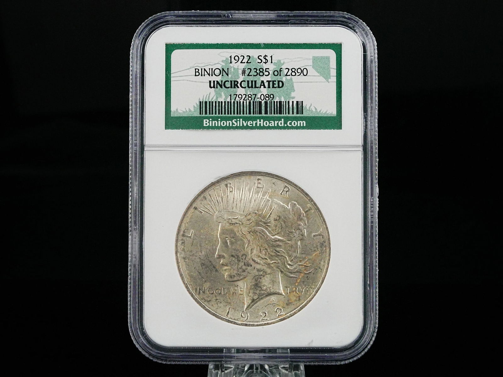 Binion Silver NGC Unc 1922-S Peace Dollar #2385/2890: Binion Silver Hoard Uncirculated 1922-S Silver Peace Dollar #2385/2890 in NGC Slab - A highly collectible example from the famed Binion Silver Hoard, this uncirculated 1922-S Peace Dollar is encapsula