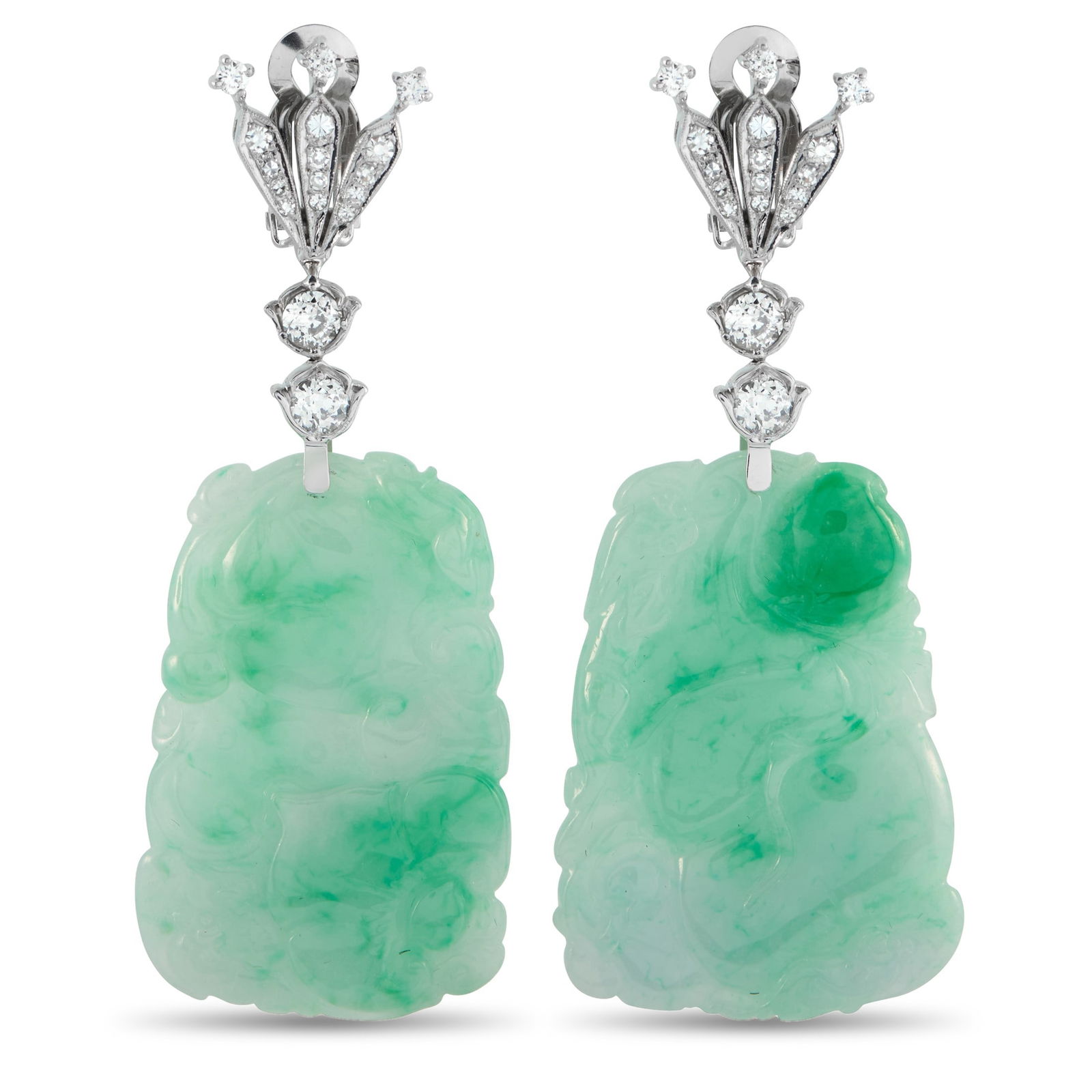 1.70ctw Diamond, Carved Jade and 14K 2.75" Earrings: 1.70ctw SI1-SI2/G-H Diamond, Carved Jade and 14K White Gold 2.75" Earrings - THIS ITEM WILL COME WITH AN $8,500 INSURANCE VALUATION REPORT IN THE WINNING BIDDER'S NAME. These striking statement earrin
