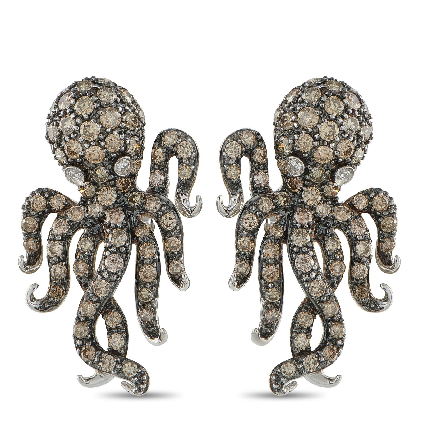 5.10ctw Fancy Brown Diamond and 14K Octopus Earrings: 5.10ctw Fancy Brown Diamond and 14K White Gold 1.5" Octopus Earrings - THIS ITEM WILL COME WITH A $9,000 INSURANCE VALUATION REPORT IN THE WINNING BIDDER'S NAME. These whimsical yet elegant earrings f