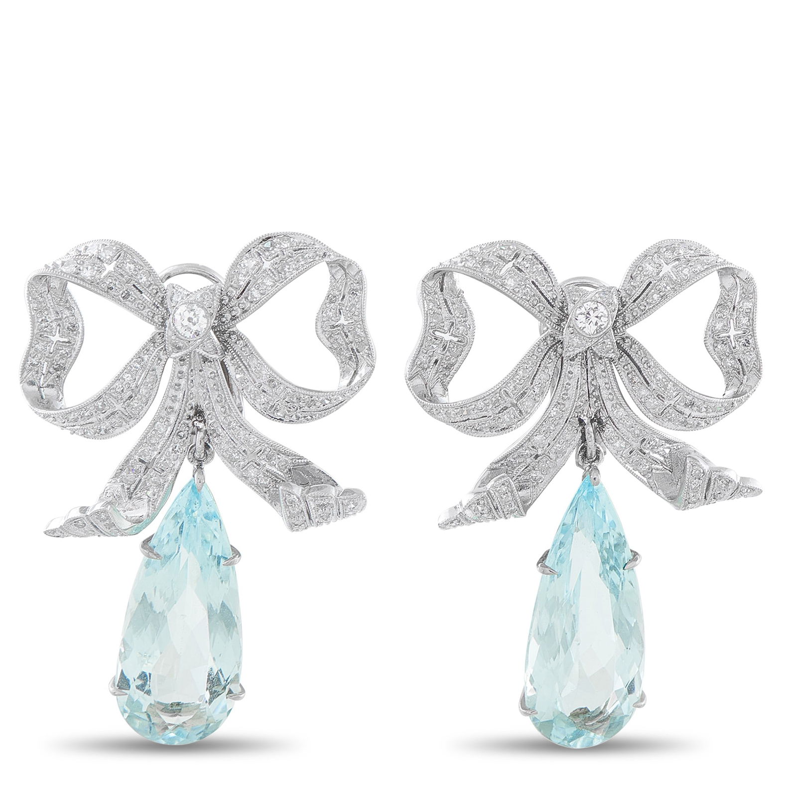 12.00ctw Aquamarine, 0.50ctw Diamond, Platinum Earrings: 12.00ctw Aquamarine, 0.50ctw Diamond and Platinum 1.25" Bow Earrings - THIS ITEM WILL COME WITH AN $11,000 INSURANCE VALUATION REPORT IN THE WINNING BIDDER'S NAME. These elegant earrings feature a cha