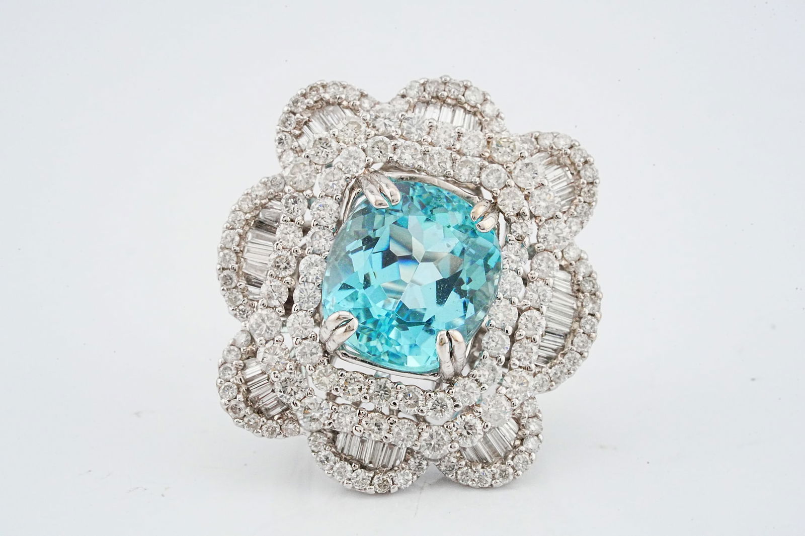 8.00ct Aquamarine, 4.75ctw Diamond and 18K Ring: 8.00ct Aquamarine, 4.75ctw VS1-SI1/G-H Diamond and 18K White Gold Ring - THIS ITEM WILL COME WITH A $23,000 INSURANCE VALUATION REPORT IN THE WINNING BIDDER'S NAME. An extraordinary statement ring sho