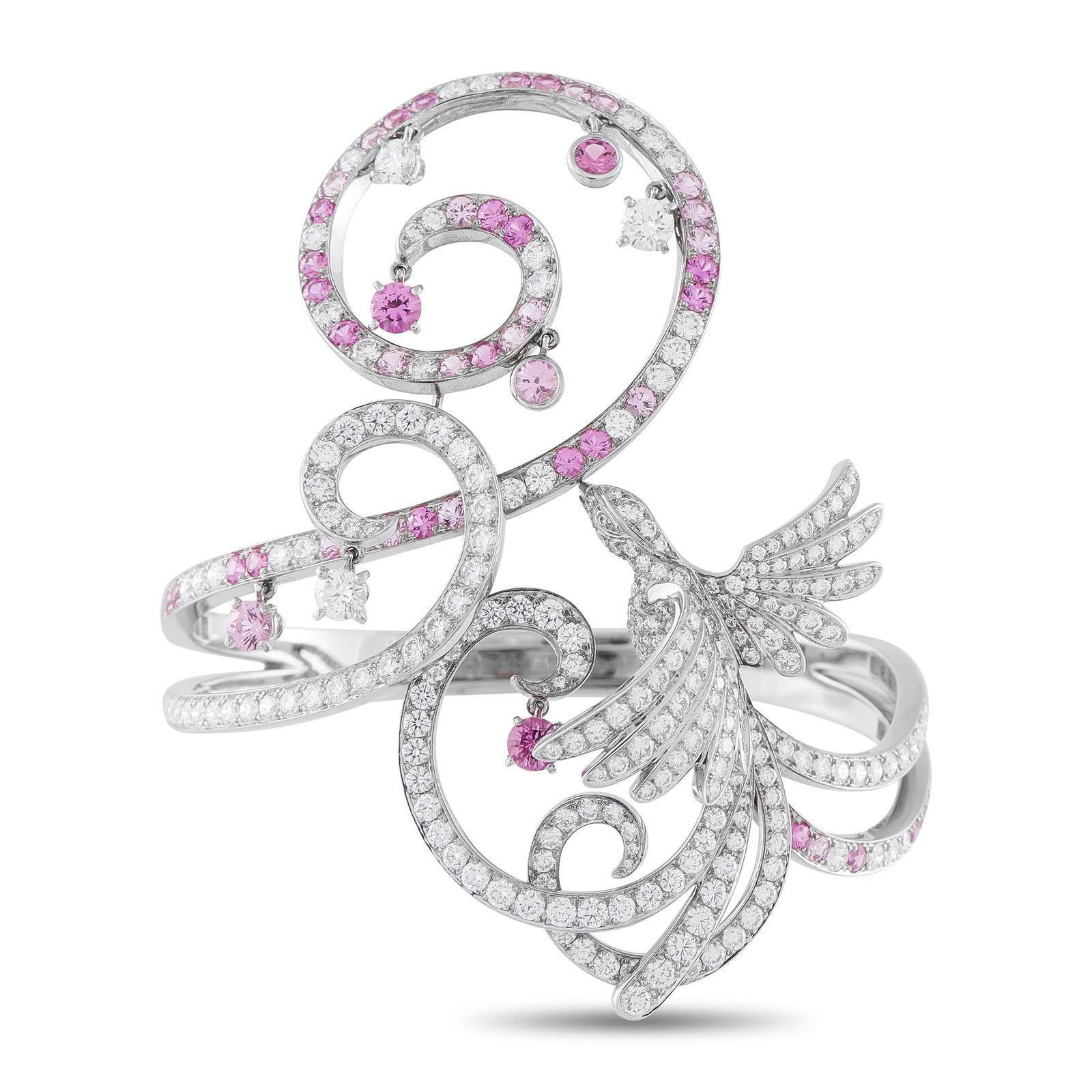 Van Cleef & Arpels Diamond, 18K, Pink Sapphire Bracelet: Van Cleef & Arpels Diamond, 18K White Gold and Pink Sapphire Birds of Paradise Bracelet W/Box and Papers - From the Van Cleef & Arpels Oiseaux de Paradis collection, this striking rigid bracelet is cr