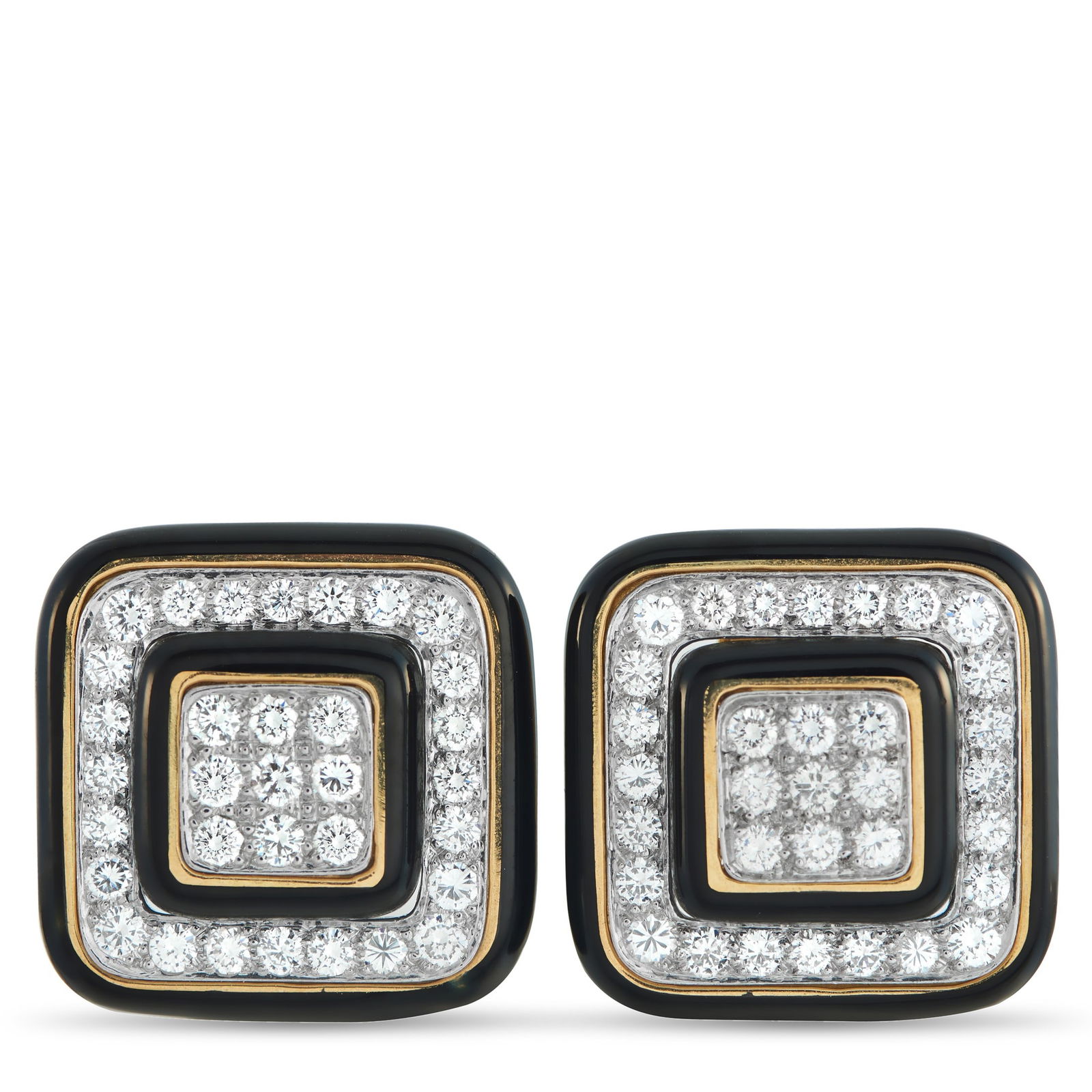 David Webb 3.30ctw Diamond, Platinum/18K Ear Clips: David Webb 3.30ctw Diamond, Platinum/18K Yellow Gold and Black Enamel Square 0.80" Ear Clips - This bold pair of ear clips by David Webb unites diamonds, black enamel, and yellow gold in a striking gr
