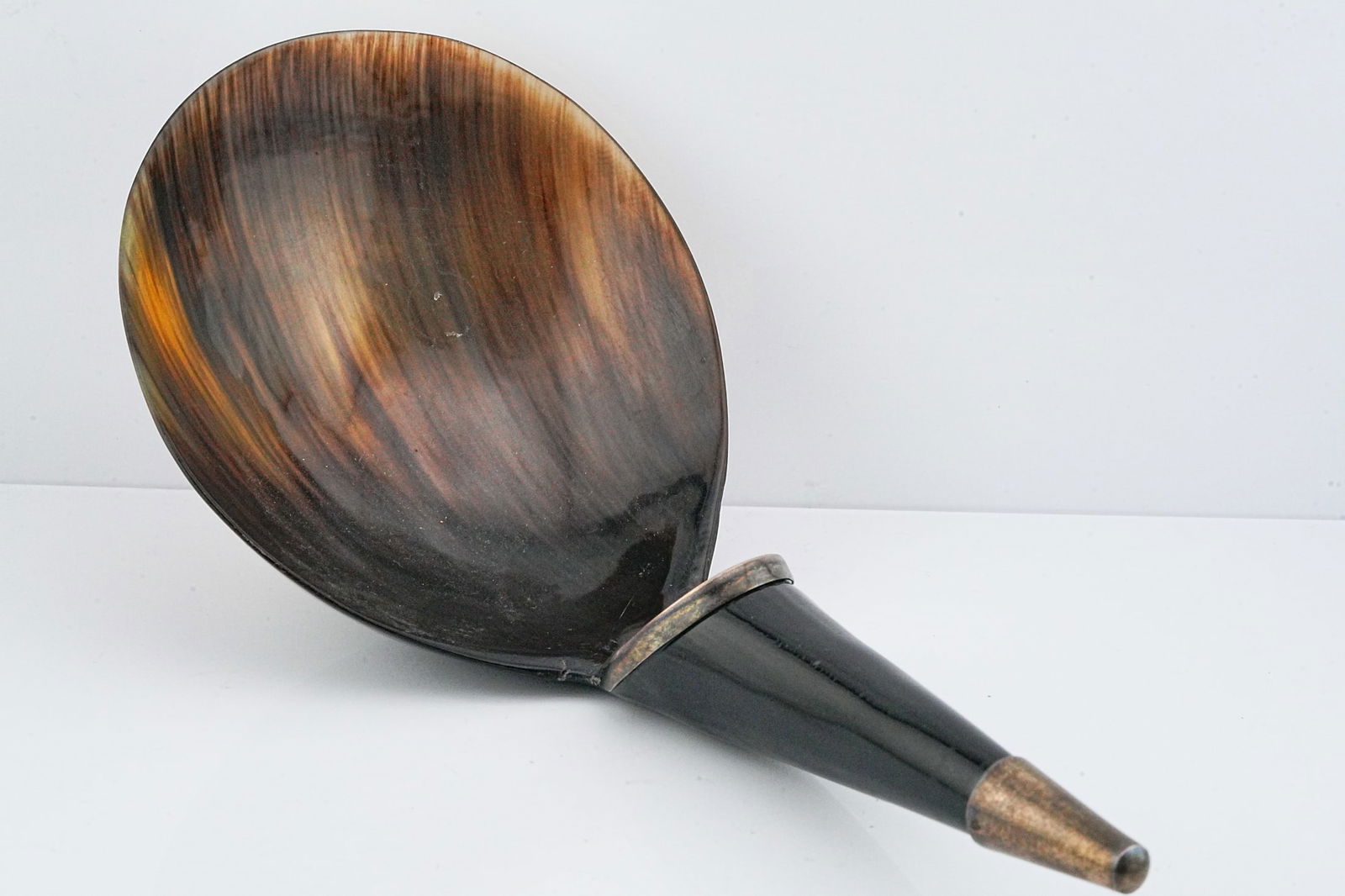 Vintage Buffalo Horn and Sterling Silver Serving Spoon: Vintage Large Buffalo Horn and Sterling Silver 9" Serving Spoon - An elegant and sculptural vintage serving spoon masterfully combining the organic warmth of natural buffalo horn with the refined bril