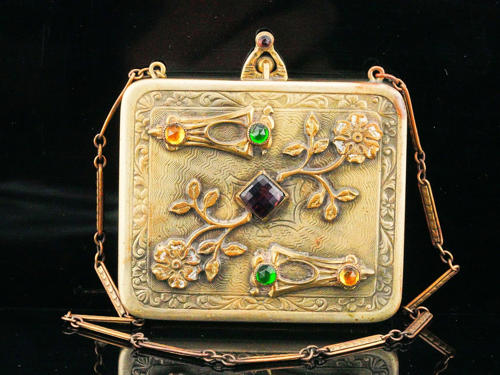 Antique Jeweled Brass Dance Compact Chatelaine Purse (1 of 4)